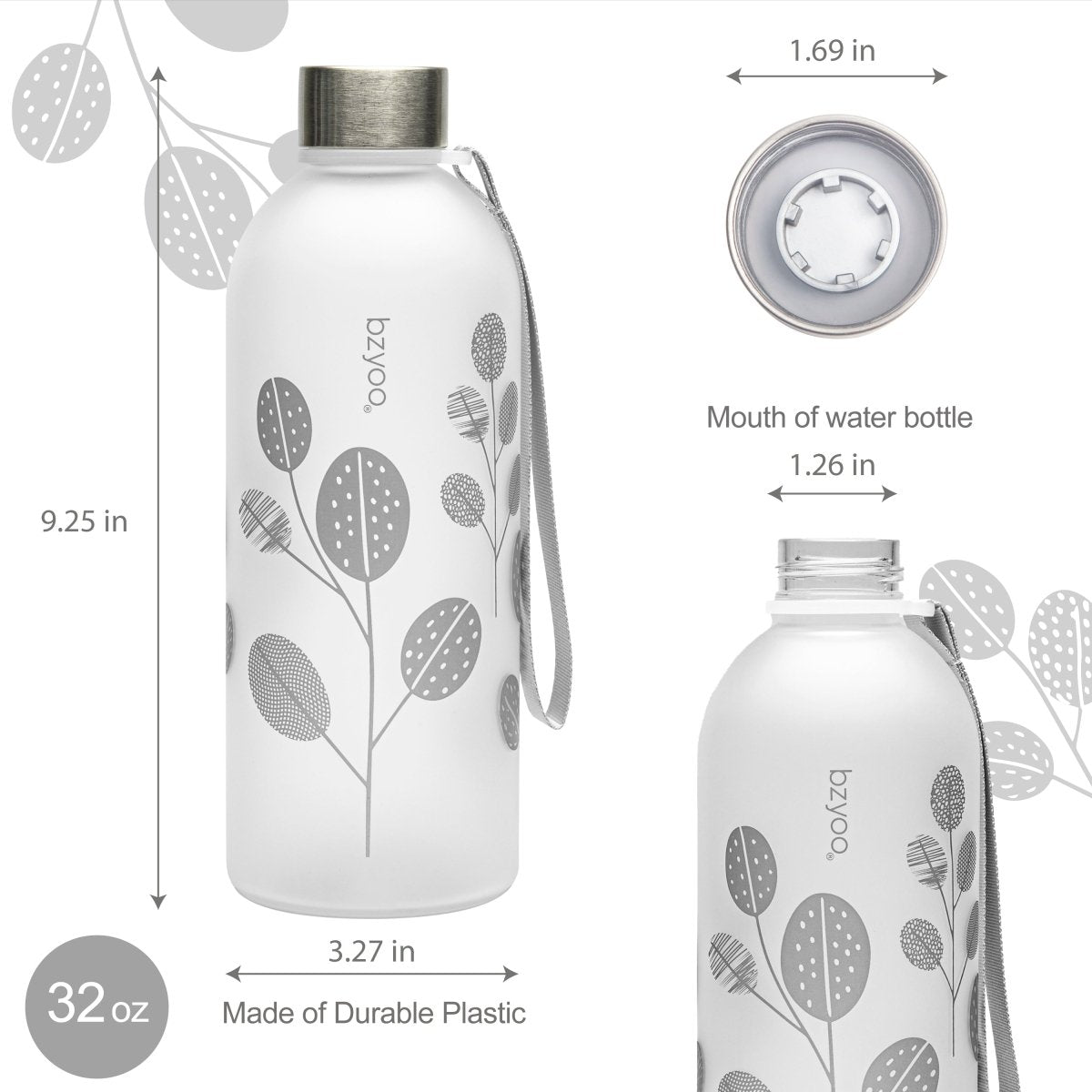 32oz Time Marker Tritan Water Bottle with Carrying Strap - Leaf Silver | Leak Proof BPA Free Sports Water Bottle for Gym, Hiking, Workout & Outdoor Activities