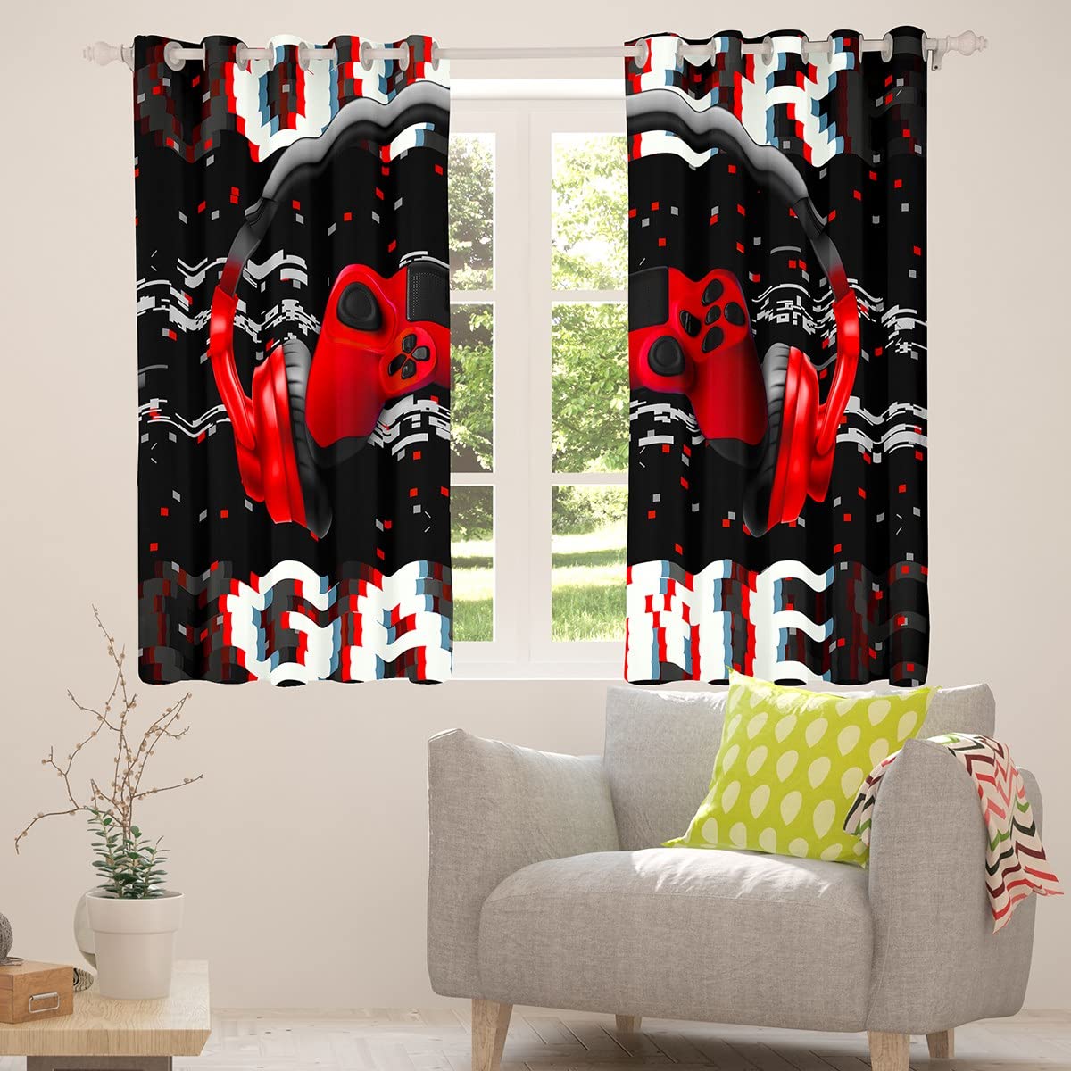 Erosebridal 3D Headset Headphones & Gaming Controller Printed Window Curtains for Living Room & Bedroom (2 Panels, 38x54 Inches) - Red Video Game Themed Drapes for Teens & Kids | Perfect for Gamers' Rooms & Game Themed Decor
