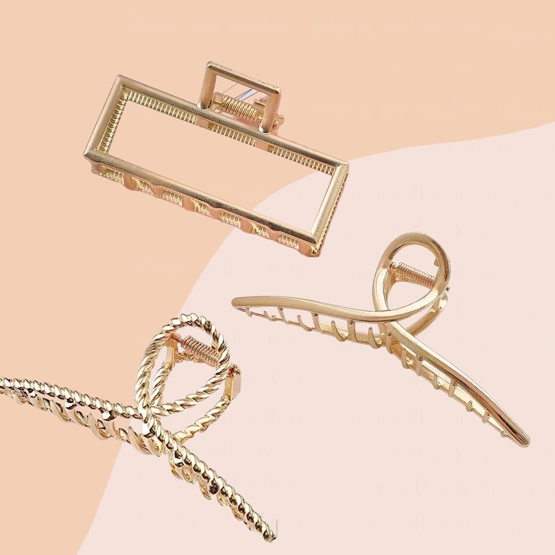 Myra Collection 3-Piece Gold Metal Hair Claw Set - Trendy Multi-Design Hair Clips for Women & Girls - Perfect for Parties, Weddings & Everyday Styling