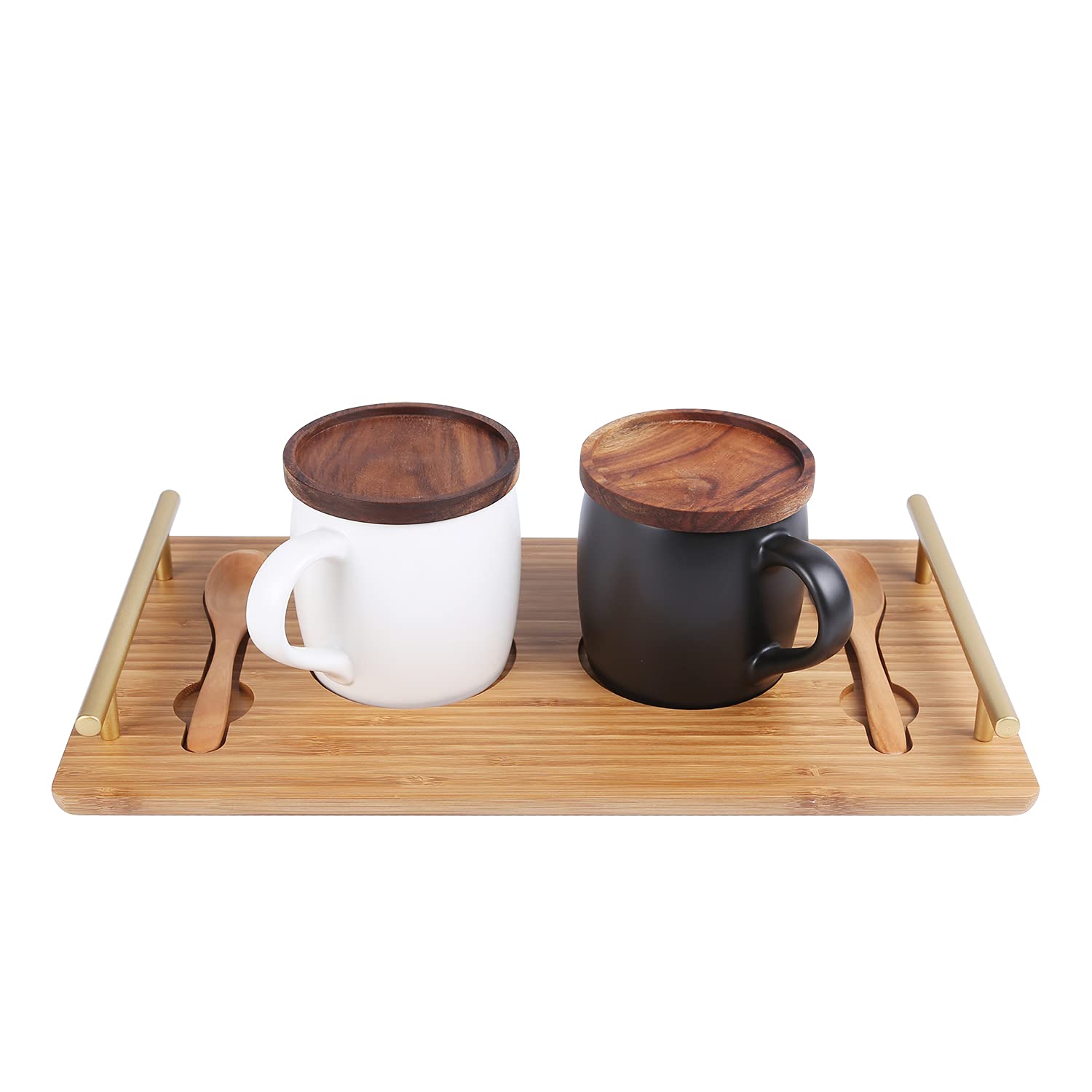 KKC HOME ACCENTS 13oz Ceramic Coffee Mug Set of 2 with Bamboo Tray & Spoons - Black & White Coffee Cups for Home, Office, Gift - Perfect for Coffee, Tea, Hot Chocolate & Breakfast Beverages