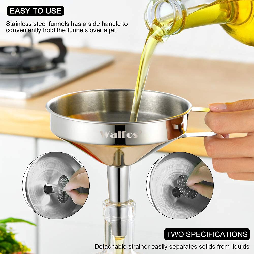 Premium Stainless Steel Kitchen Funnel Set - 3 Pack with 2 Removable Strainers & Cleaning Brush - Ideal for Liquids, Oils, Jam, Dry Ingredients & Powder Transfer - Perfect for Home Cooking, Baking, Canning & DIY Projects