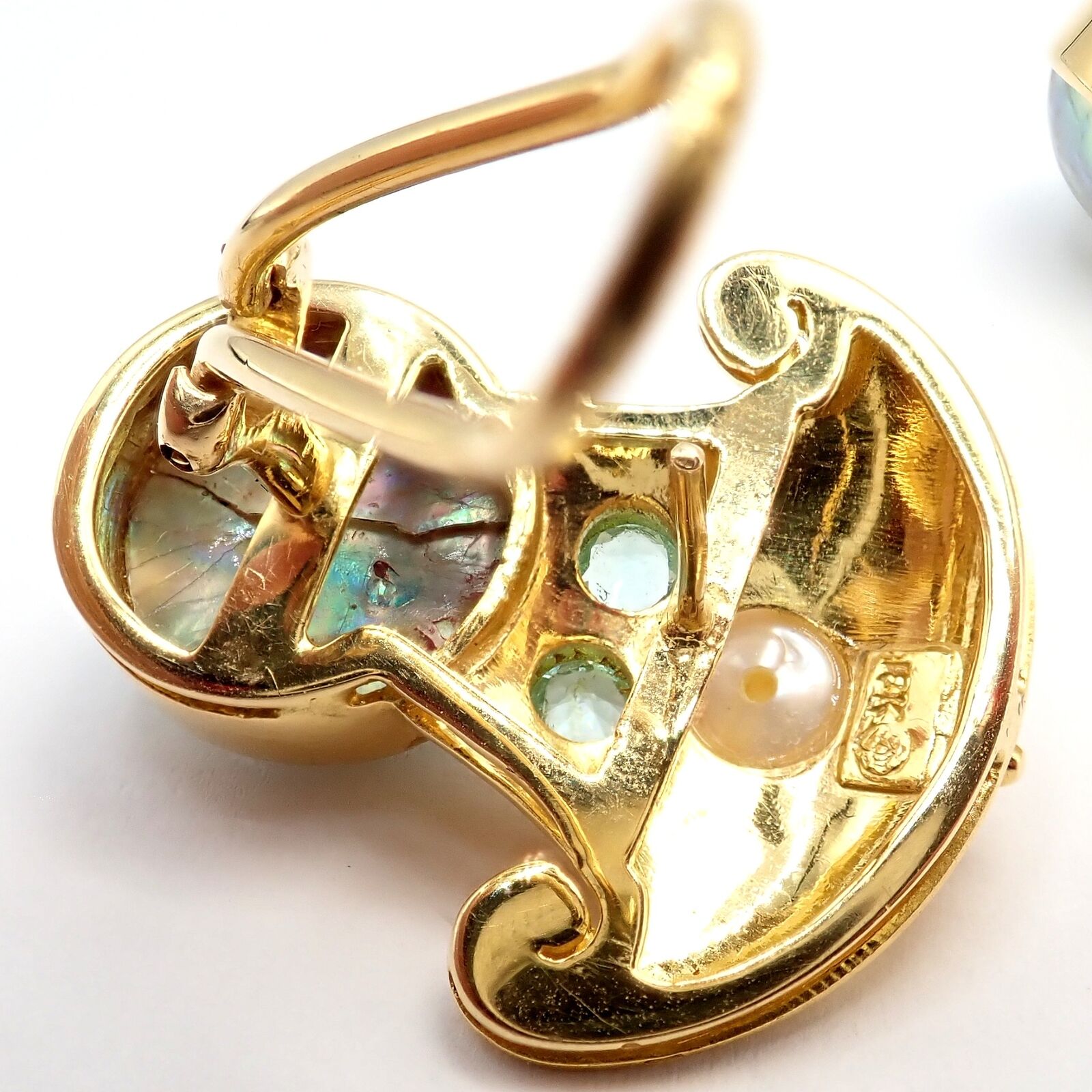 Exquisite Vintage Paula Crevoshay 18K Gold Abalone Pearl & Blue Gemstone Earrings - Unique Handmade Jewelry for Women - Perfect for Weddings, Anniversaries & Special Occasions