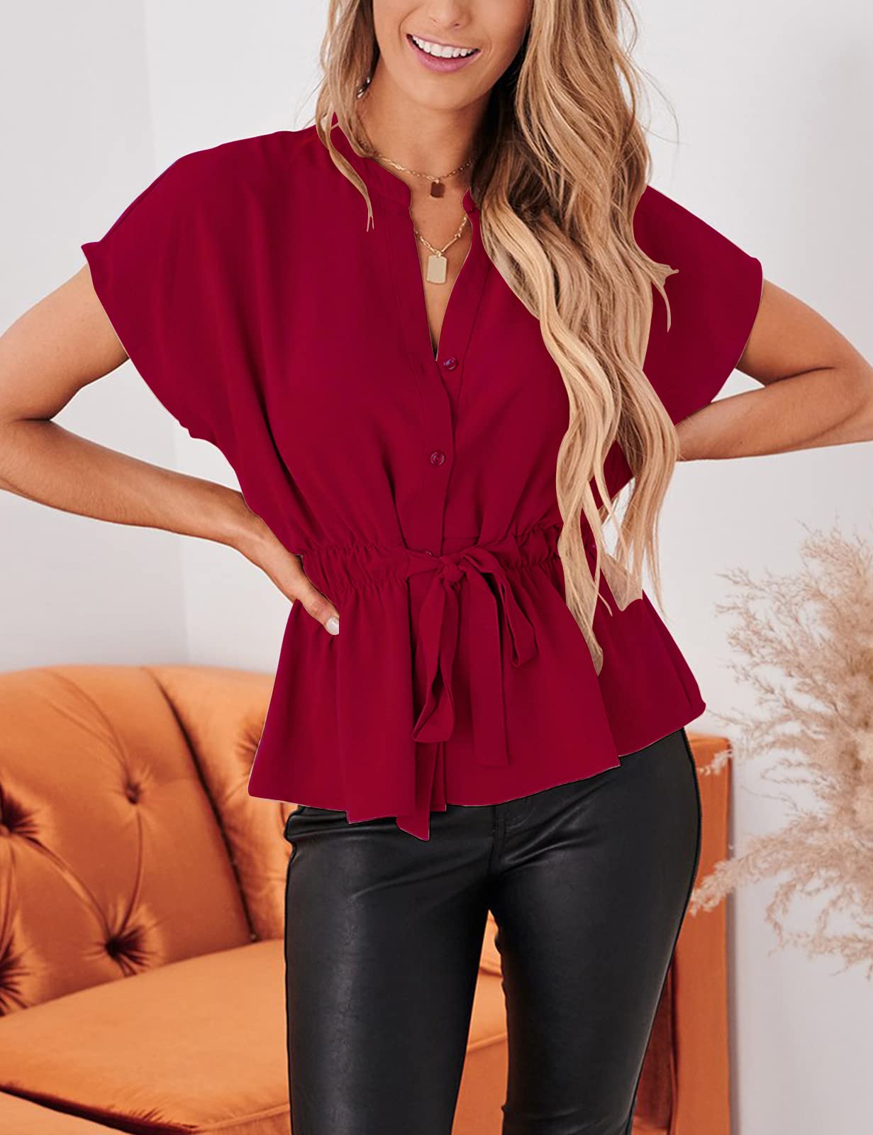Women's Casual Peplum Button Down Blouse - Summer Chiffon Work Tops for Office, Business Meetings & Dressy Occasions
