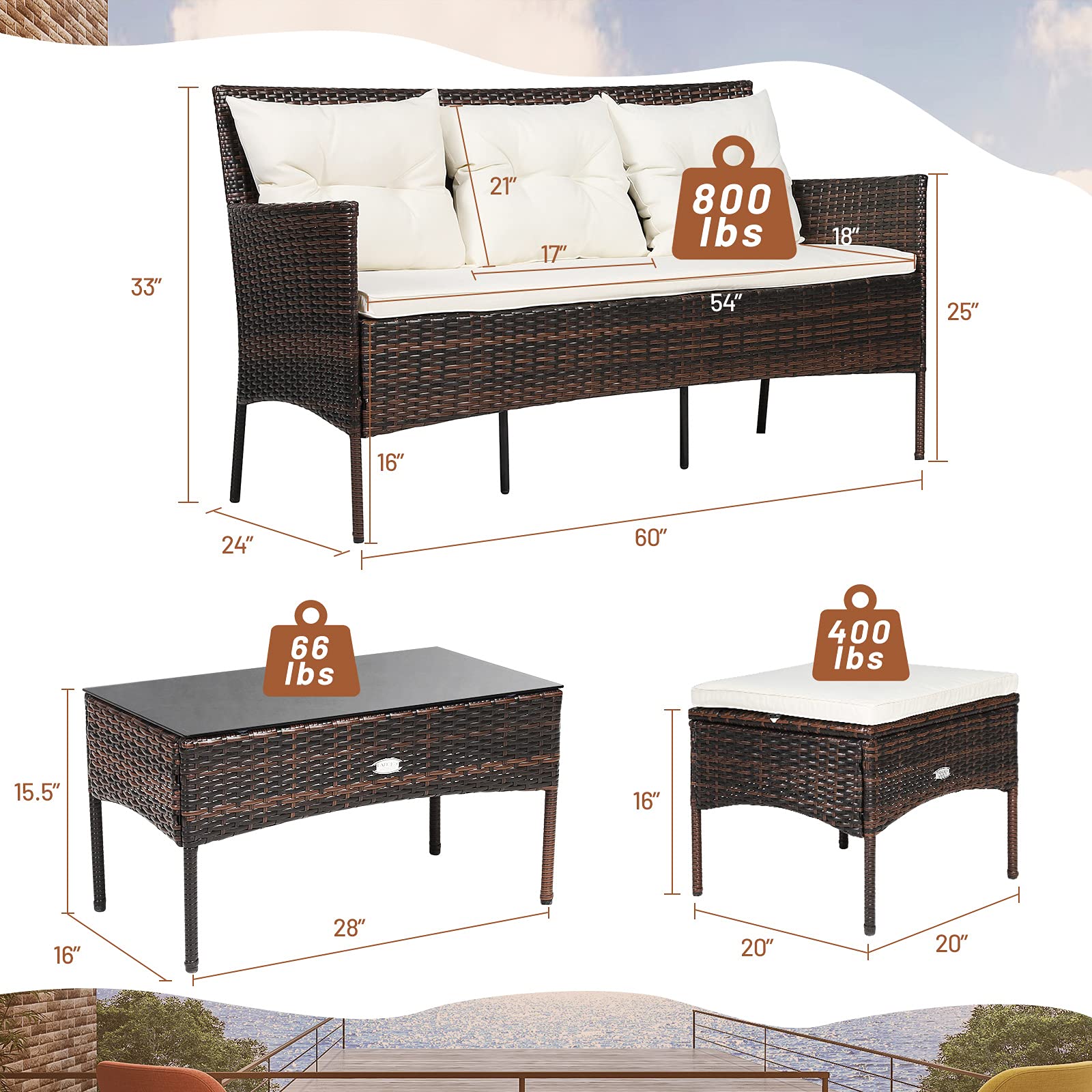 RELAX4LIFE 3-Piece Outdoor Patio Furniture Set with Rattan Wicker Sectional Sofa, 5 Comfortable Cushions & Tempered Glass Coffee Table - Perfect for Poolside, Garden, Balcony or Backyard (Beige & Brown)