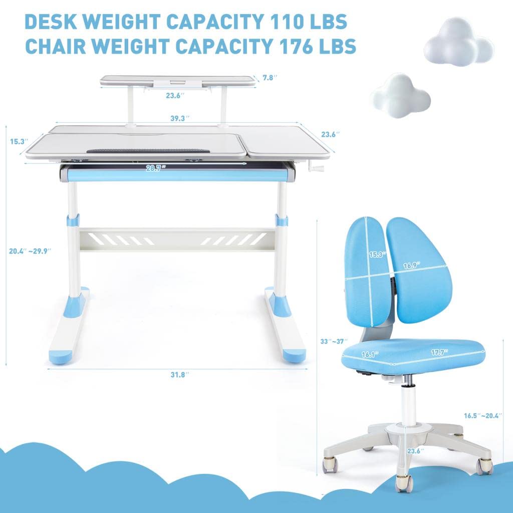 Premium Adjustable Kids Study Desk and Chair Set - Ergonomic School Writing Table with Large Writing Board, Pull-Out Drawer & Bookstand - Blue | Perfect for Homework, Online Learning & Children's Study Room