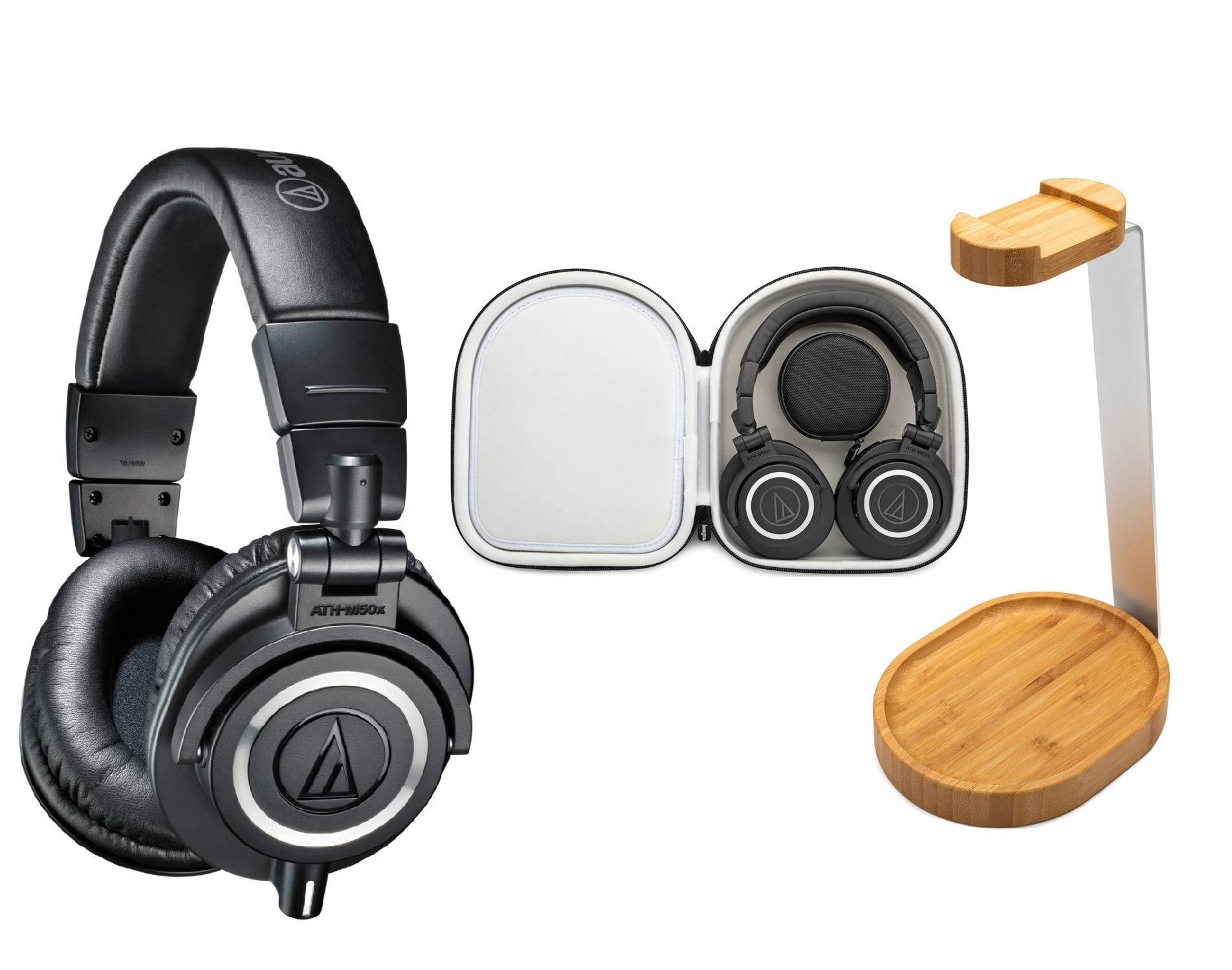 Audio-Technica ATH-M50X Professional Studio Monitor Headphones Bundle with Knox Gear Wooden Headphone Stand & Protective Carrying Case (3-Piece Set) - Perfect for Music Production, DJing, Podcasting & Home Studio Use