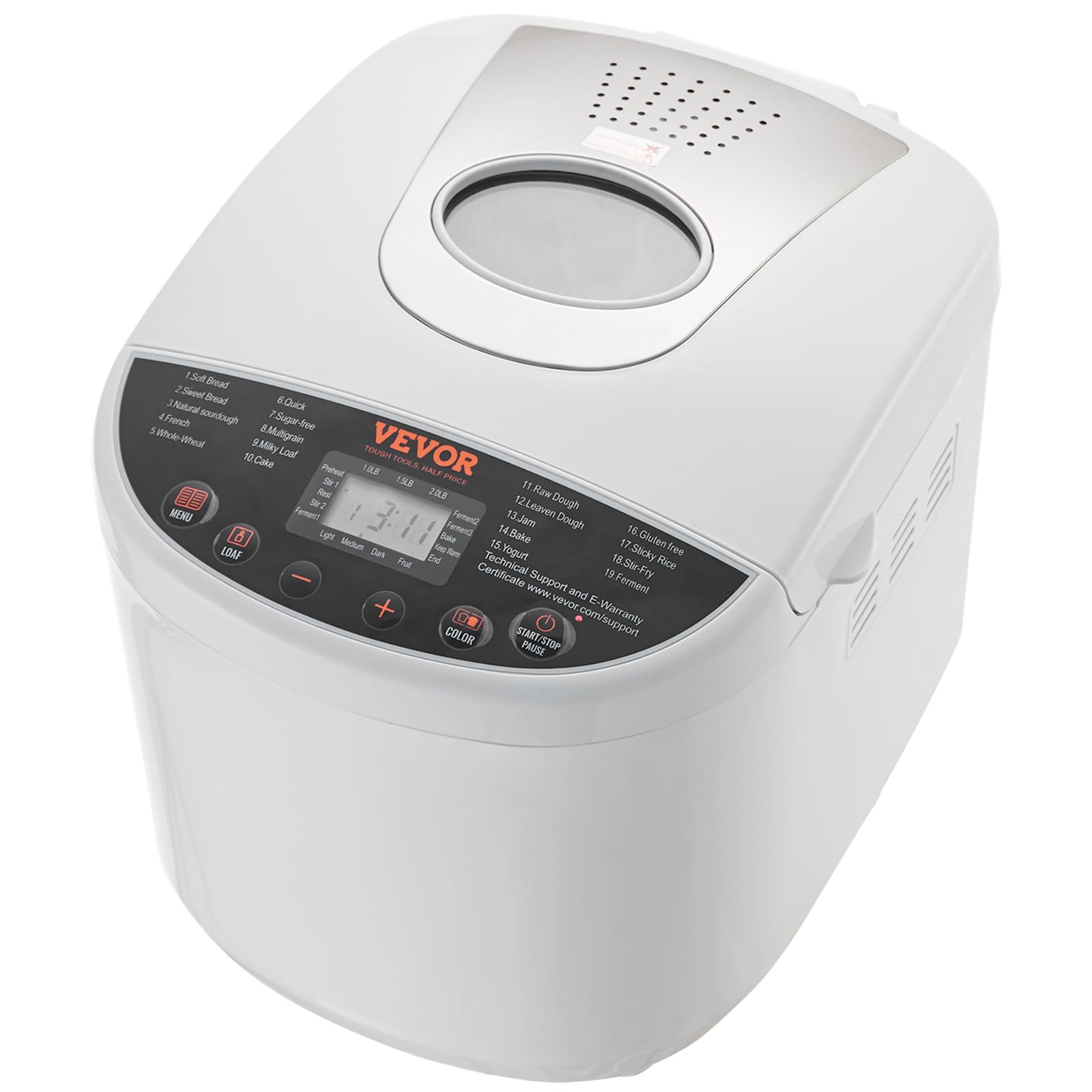 VEVOR 2LB Automatic Bread Maker Machine - 19-in-1 Programmable Dough Maker with Gluten-Free Setting, Nonstick Ceramic Pan, Whole Wheat & White Bread Options, 3 Loaf Sizes & Crust Colors - Perfect for Home Baking, Breakfast & Healthy Eating