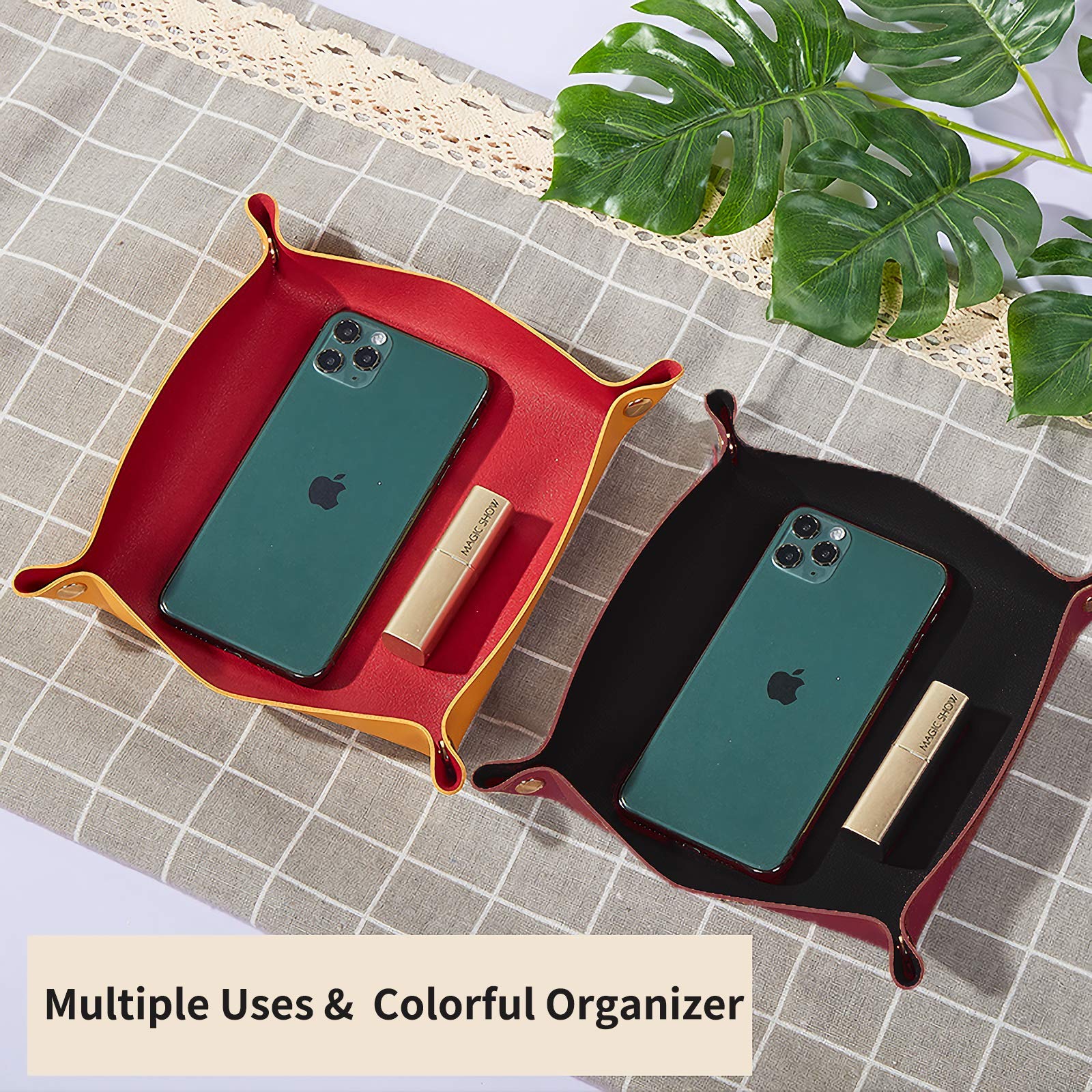 Premium Leather Valet Tray for Men & Women - Collapsible Travel Organizer with Snap Closure | Key Holder, Jewelry & EDC Dump Tray for Entryway Table, Dresser & Nightstand | Home & Office Desk Organizer (Silver + Pink) - Perfect for Travel, Gift Giving & Daily Essentials Storage