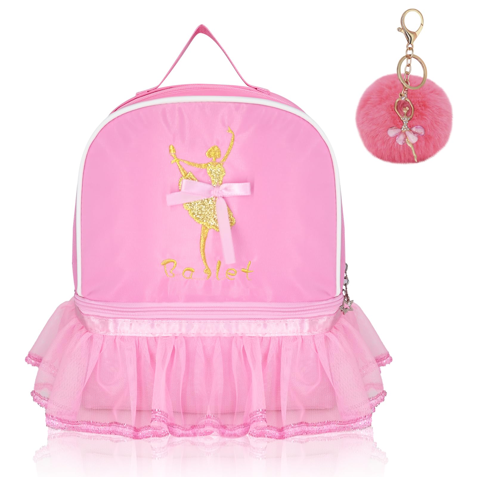 **KingBig Cute Dance Backpack Ballet Bag Kit for Girls - Personalized Waterproof Dance Bag with Key Chain & Plush Hanging Pink Ball - Perfect for Ballet Class, Dance Practice & School**