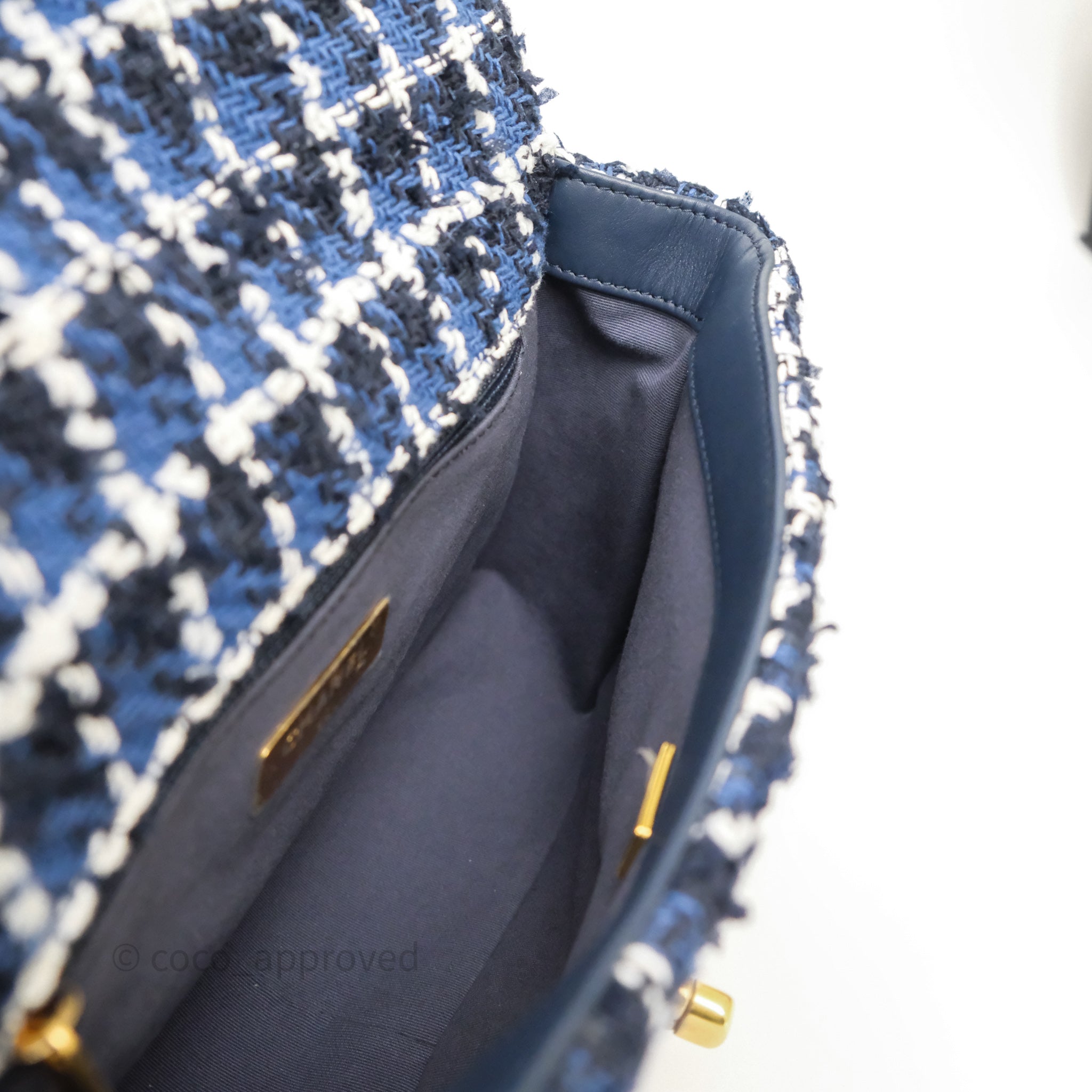 Chanel 19 Small Handbag in Blue, White & Black Grid Tweed with Mixed Hardware - Perfect for Work, Travel & Evening Events