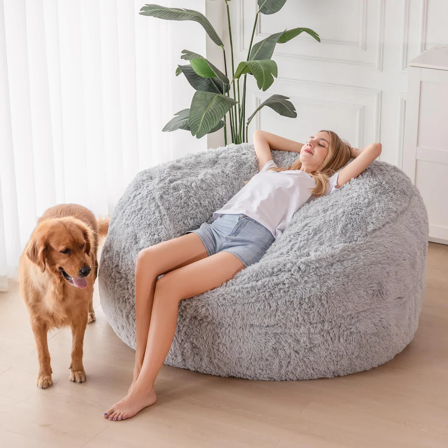 MAXYOYO Faux Fur Bean Bag Chair - Convertible Velvet Floor Bed with Removable Cover, Grey | Cozy Lounge Chair for Bedroom, Living Room & Game Room