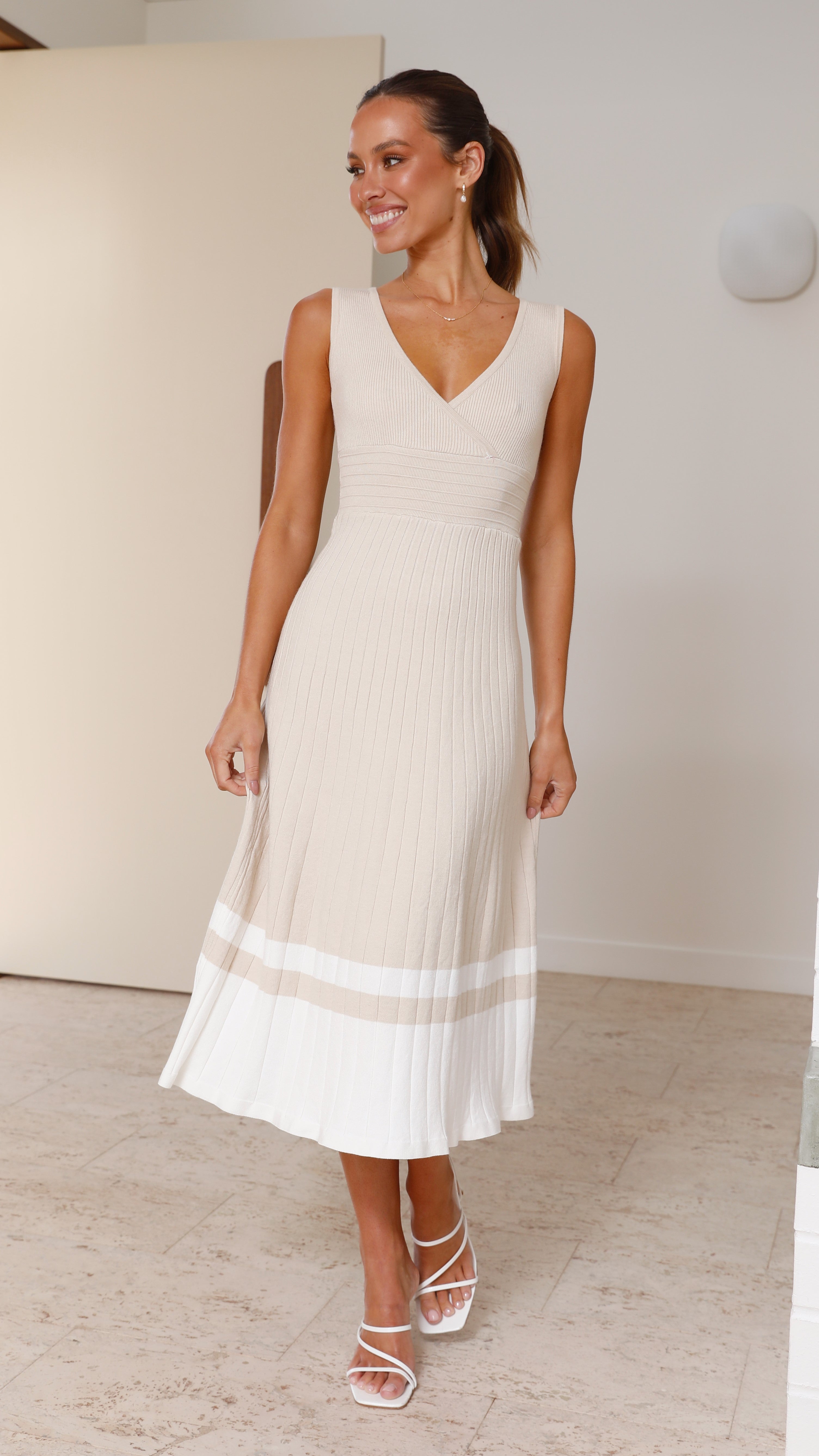 Jayde Knit Dress for Women - Soft Beige & White Casual Wear - Perfect for Office, Date Night & Weekend Outings