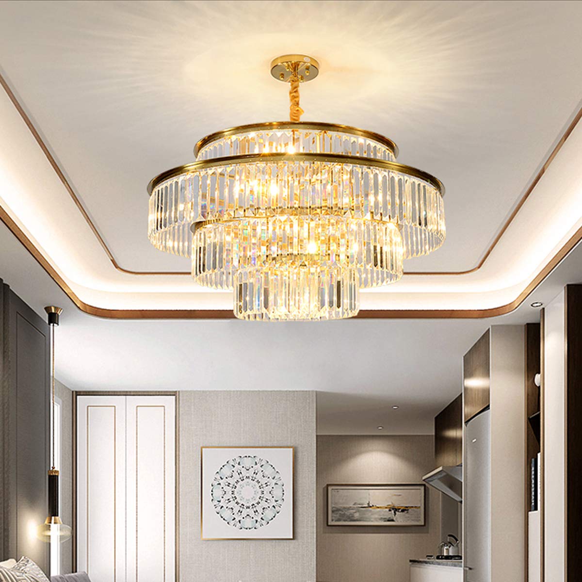 Modern Gold 4-Tier Crystal Chandelier Light - 10-Light Adjustable Height Pendant Ceiling Fixture (23 Inch Diameter) for Dining Room, Entryway, Living Room | Elegant Lighting for Weddings, Restaurants & Luxury Home Decor