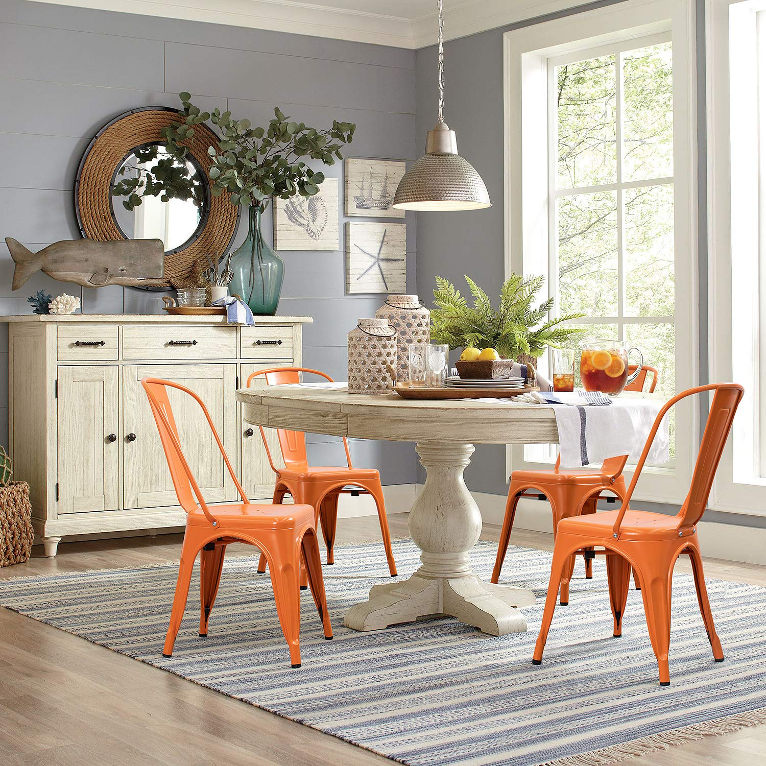 Devoko 4-Piece Stackable Metal Indoor-Outdoor Dining Chairs - Distressed Orange Kitchen & Side Chairs with Back Support | Perfect for Patio, Restaurant, Cafe & Home Dining