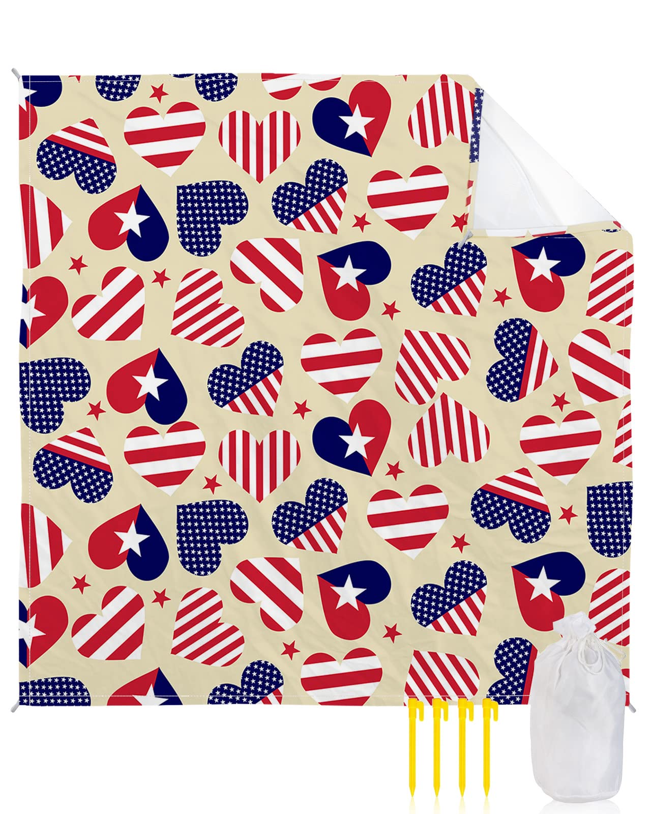 American Flag Star Beach Blanket with Heart Pattern - Sand Proof, Waterproof & Lightweight Picnic Mat (108x84 Inch) for Outdoor, Camping, Travel - Perfect for 4th of July Celebrations, Beach Days & Picnics