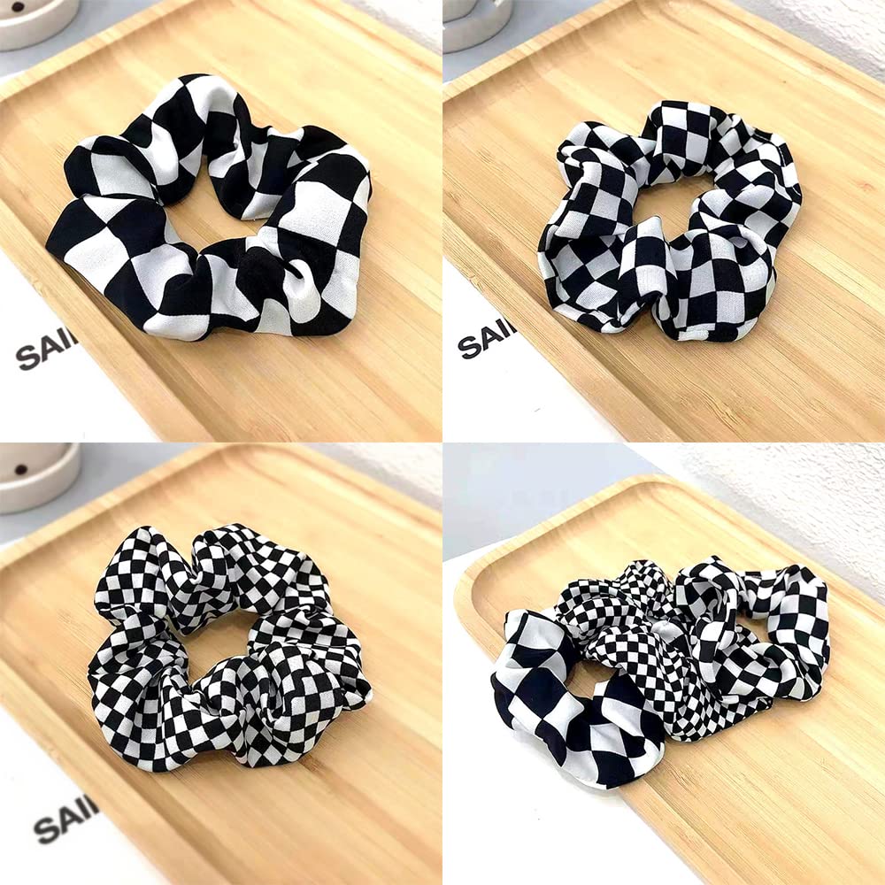 Plaid Hair Scrunchies for Women - 3 Pack Black & White Checkered Hair Ties, Ponytail Holders, Hair Bands for Girls | Perfect for School, Work, Gym and Everyday Hair Accessories