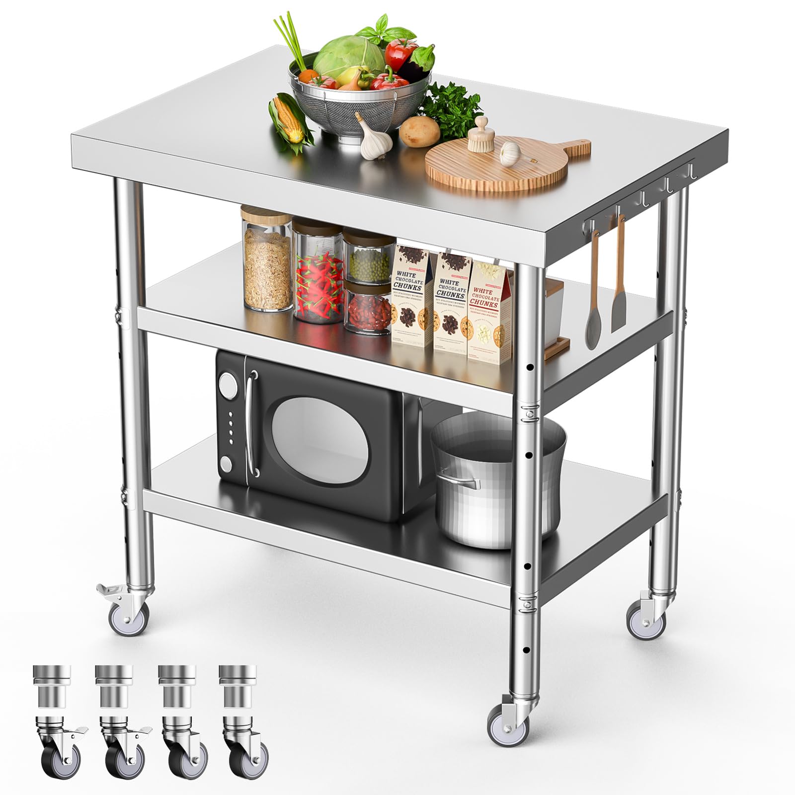 Stainless Steel Work Table 36x24 Inches with Caster Wheels & 2 Undershelves - Heavy Duty Metal Utility Table for Commercial Kitchen, Restaurant, Garage, Laundry Room | Perfect for Food Prep, Workshop Projects & Outdoor Use (36