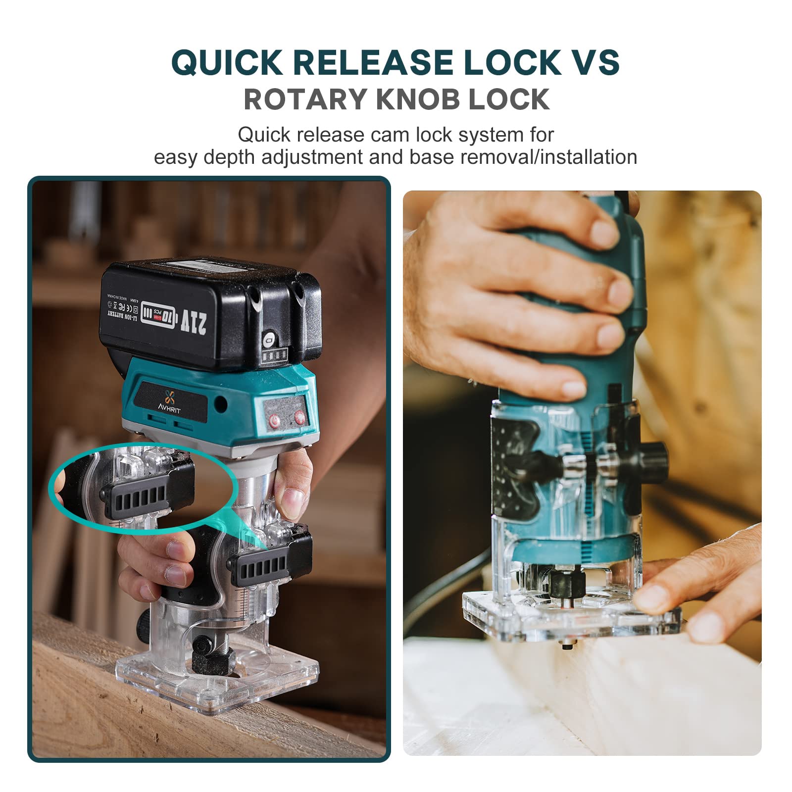 21V Cordless Compact Router Tool with 2PCS 4.0Ah Batteries - Brushless Handheld Palm Router for Woodworking, Wood Trimming & Cutting - Includes 15-Piece 1/4