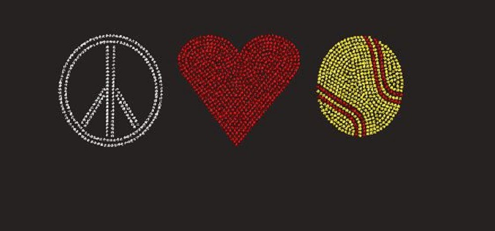 Custom Rhinestone Iron-On Transfer for Softball - Peace & Love Design | DIY T-Shirt, Jersey, Bag Decoration