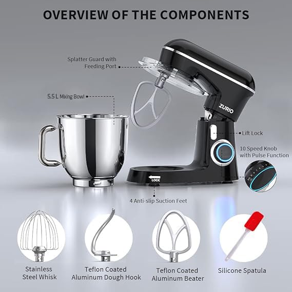 Zurio 6-Quart Stand Mixer - 10-Speed Tilt-Head Electric Kitchen Mixer with Stainless Steel Bowl & Dishwasher-Safe Attachments - Perfect for Baking Cakes, Cookies, Bread & More at Home