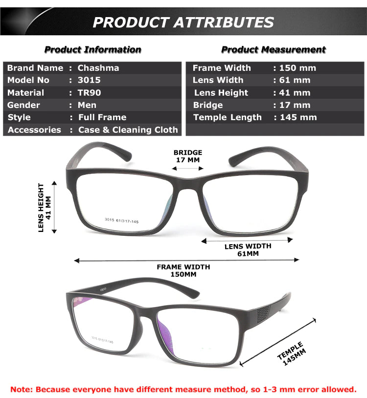 Men's Titanium Eyeglasses TR90 Full Rim Square Frame 3015 - Lightweight Durable Glasses for Work, Reading & Fashion