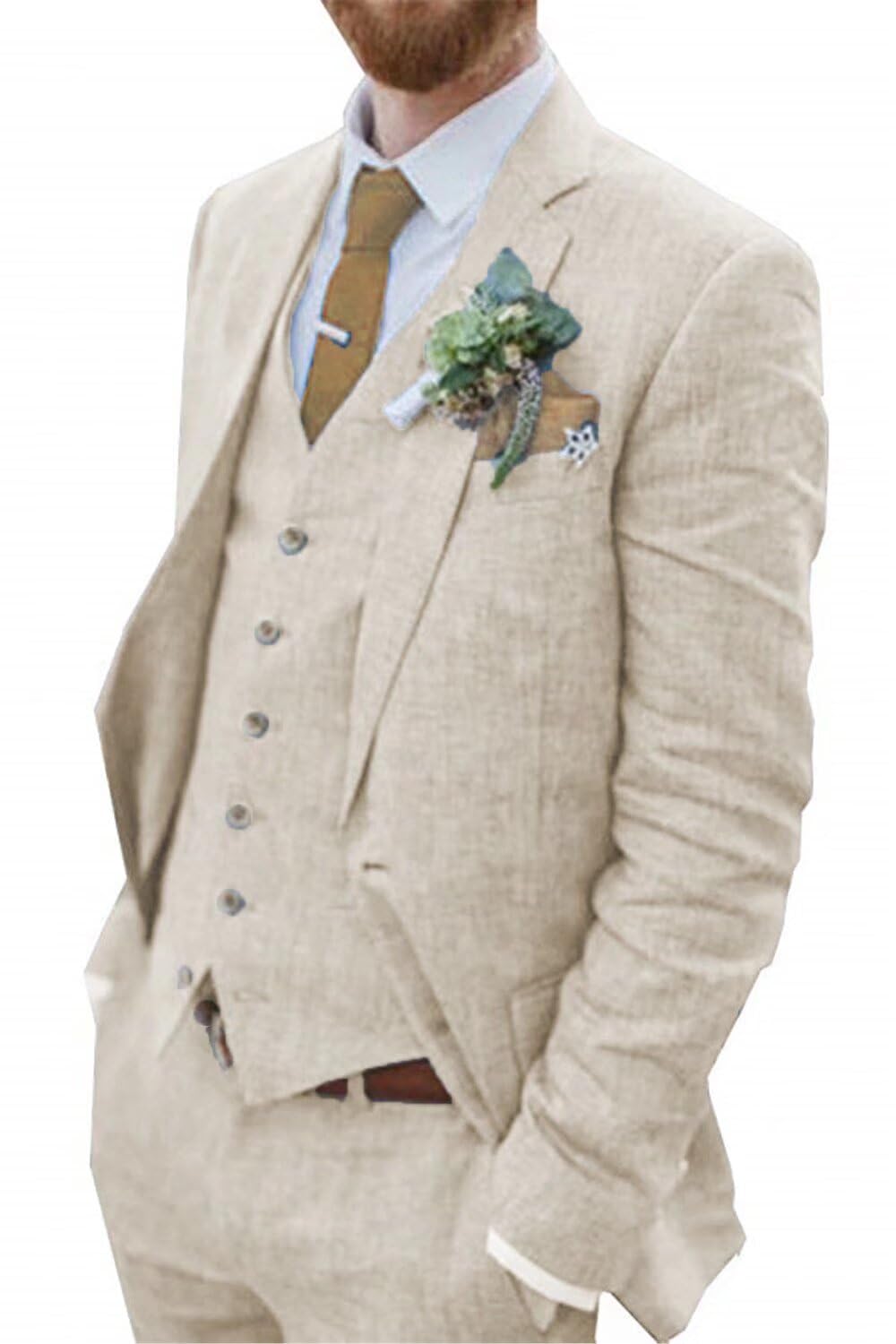 Stylish Wehilion Retro Linen Men's 3-Piece Suit - Slim Fit Summer Wedding Tuxedo with Jacket, Vest & Pants | Lightweight Breathable Fabric for Beach Weddings, Outdoor Events & Formal Occasions