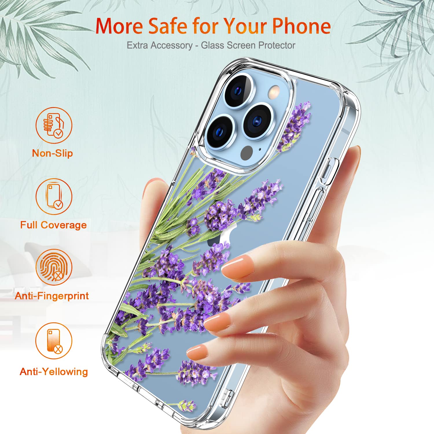 GiiKa iPhone 13 Pro Case with Screen Protector - 6.1 Inch Clear Shockproof Protective Case with Floral Design & TPU Bumper Cover for Women (Purple Flowers) - Perfect for Everyday Use, Work & Travel Protection