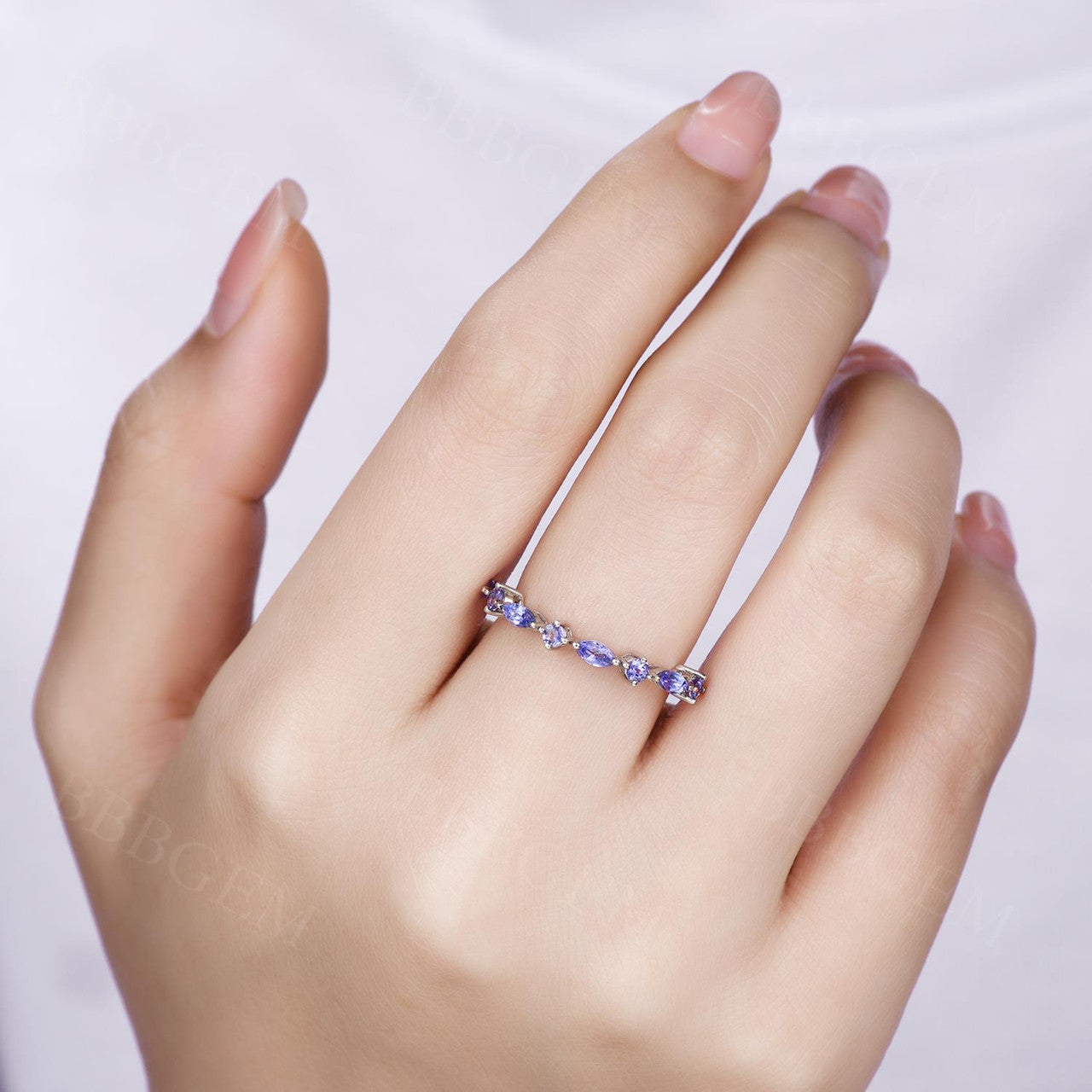 Natural Tanzanite Women's Band Ring - Marquise & Round Cut Half Eternity Shared Prong Gemstone Ring for Wedding, Anniversary & Special Occasions
