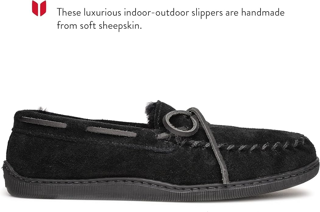 Minnetonka Men's Sheepskin Hardsole Moccasin Slippers - Soft Indoor/Outdoor House Shoes for Comfort & Warmth - Black, Size 12 M - Perfect for Home, Office & Casual Wear