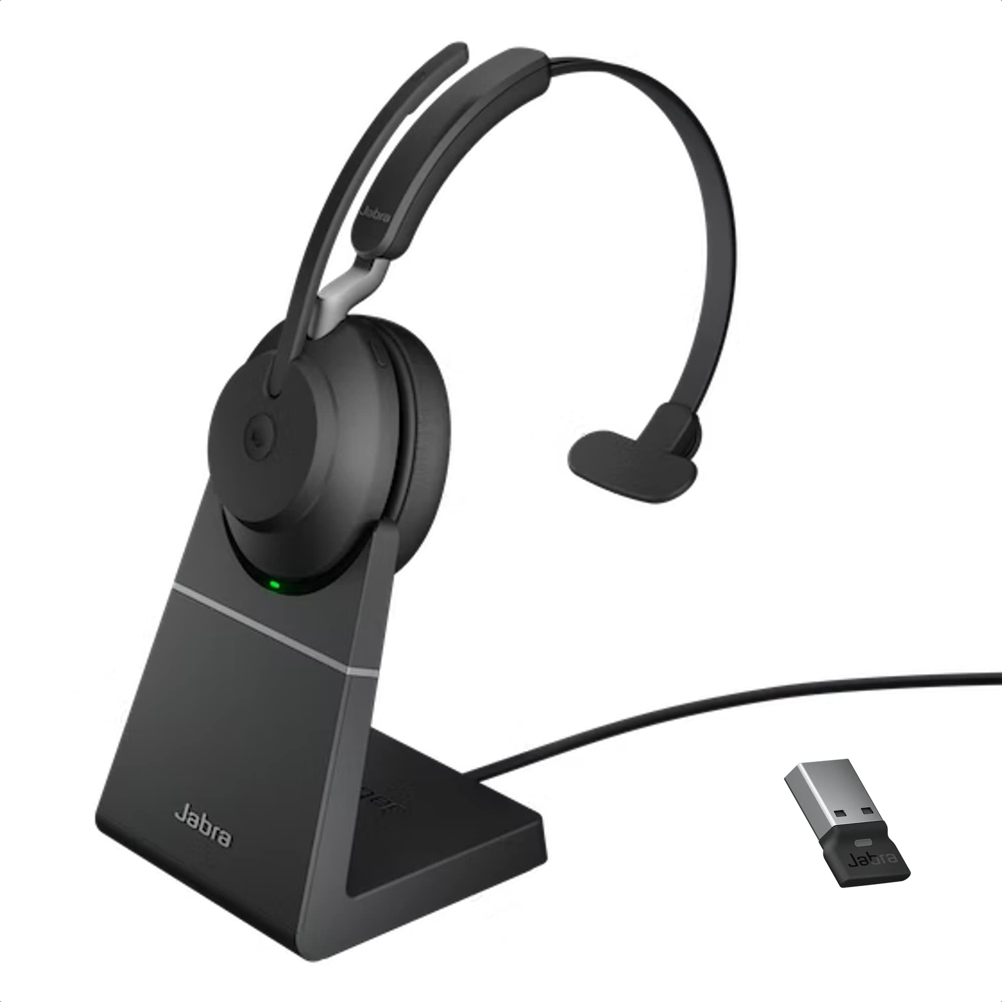 Jabra Evolve2 65 Wireless Bluetooth Headset with Charging Stand - Noise Cancelling Office Headphones for Teams, Zoom, PC & Mobile Calls - Includes USB Dongle & Global Tech Support - Perfect for Remote Work, Video Meetings & Business Communication