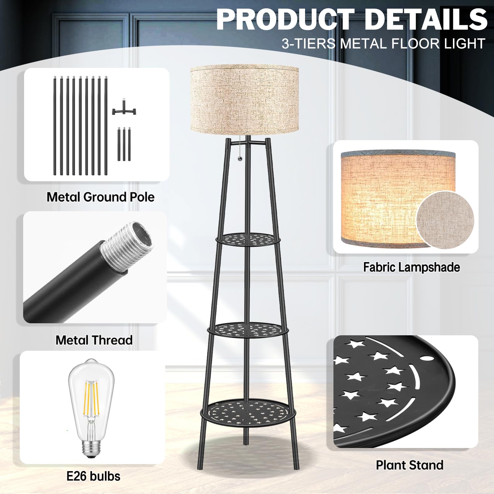 Modern Floor Lamp with Shelves - Black Standing Lamp for Living Room, Bedroom, or Office - Elegant Tall Lamp with Linen Shade - Perfect for Reading Nook, Home Decor, and Workspace Lighting