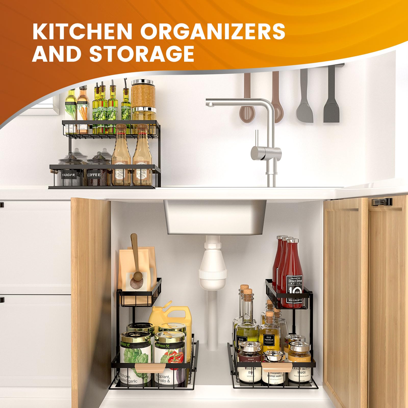 NOAHAMMER 2 Pack Under Sink Organizers - Stackable Pull Out Storage Shelves for Kitchen & Bathroom Cabinets | 2-Tier Space Saving Rack for Countertops & Cupboards | Perfect for Small Space Organization in Apartments & RVs
