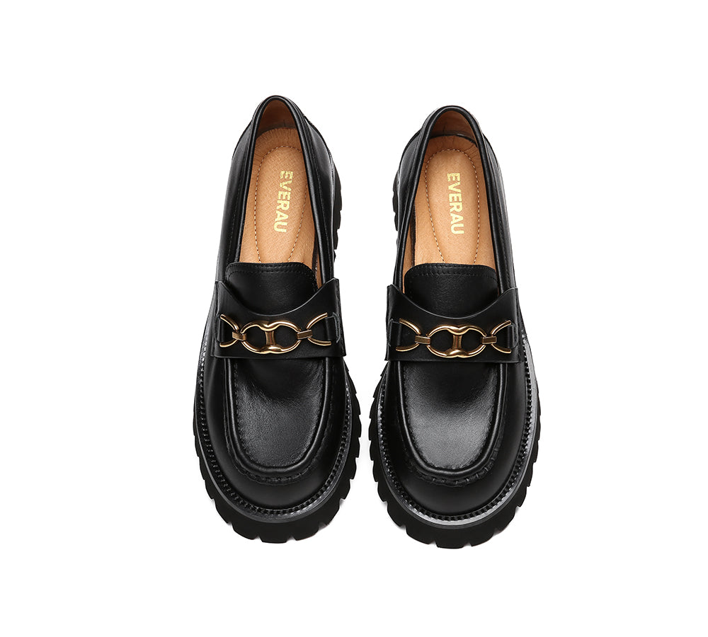 EVERAU® Women's Leather Loafers with Gold Buckle - Chunky Platform Slip-On Shoes for Casual Outfits & Office Wear