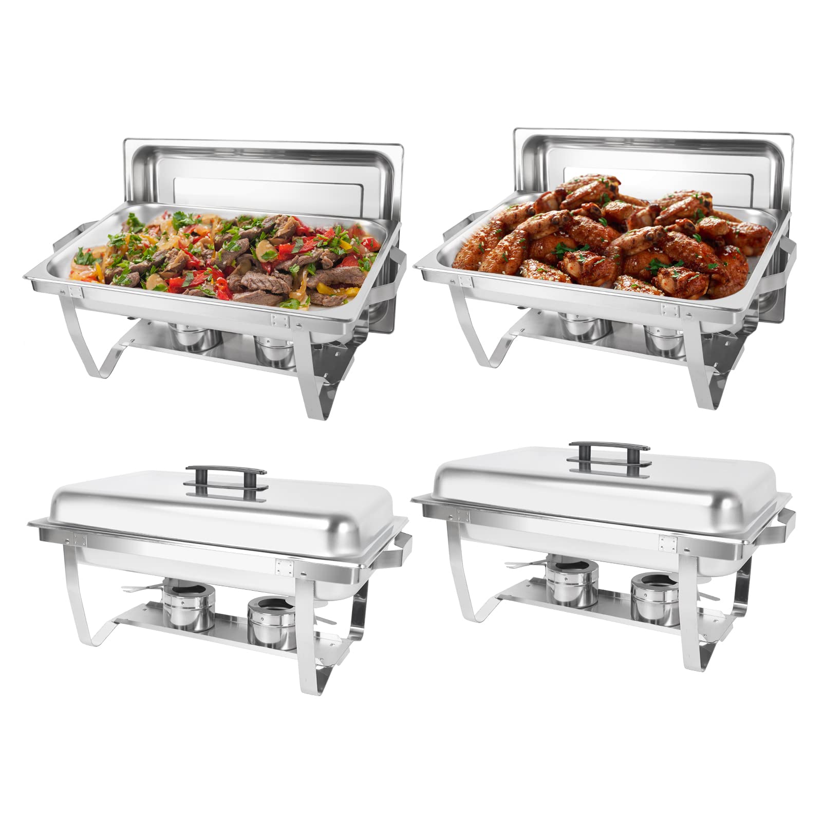 4 Pack Stainless Steel Chafing Dish Buffet Set - 8QT Rectangular Catering Warmers with Food Pan, Water Pan, Lid & Foldable Frame - Perfect for Parties, Weddings, Holidays & Buffet Serving