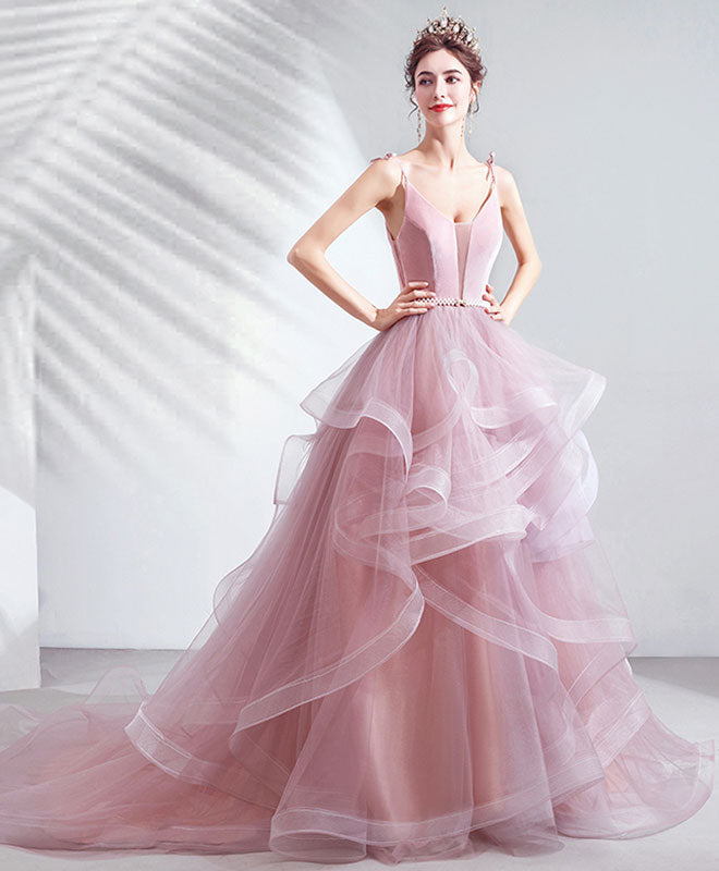 Elegant Pink V-Neck Tulle Long Prom Dress for Women - Formal Evening Gown for Homecoming, Ball, and Special Occasions
