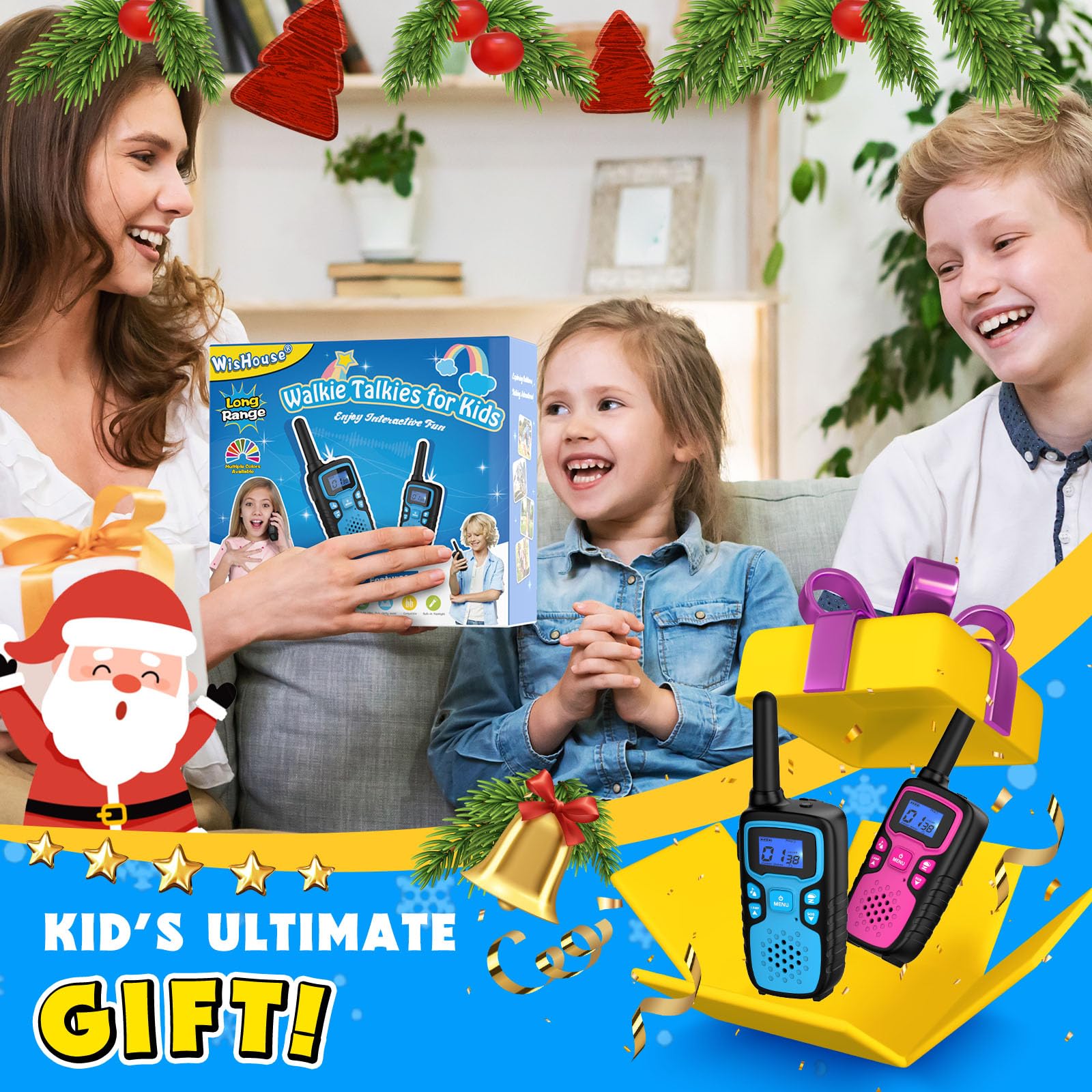 Rechargeable Walkie Talkies for Kids - Long Range 4 Pack with NOAA Weather Alerts, SOS Siren & Flashlight - Perfect Christmas Birthday Gifts for Boys Girls Ages 3-8 - Great for Hiking, Camping, Outdoor Adventures & Family Games