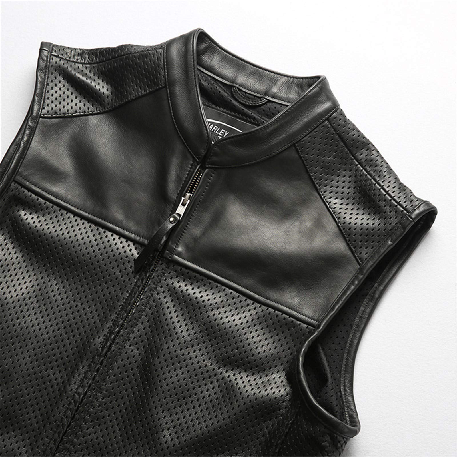 Men's Motorcycle Club Vest - Breathable Mesh & Cowhide Leather Sleeveless Jacket with Perforated Design & Zipper Closure - Ideal for Biker Rides, Club Events & Outdoor Adventures