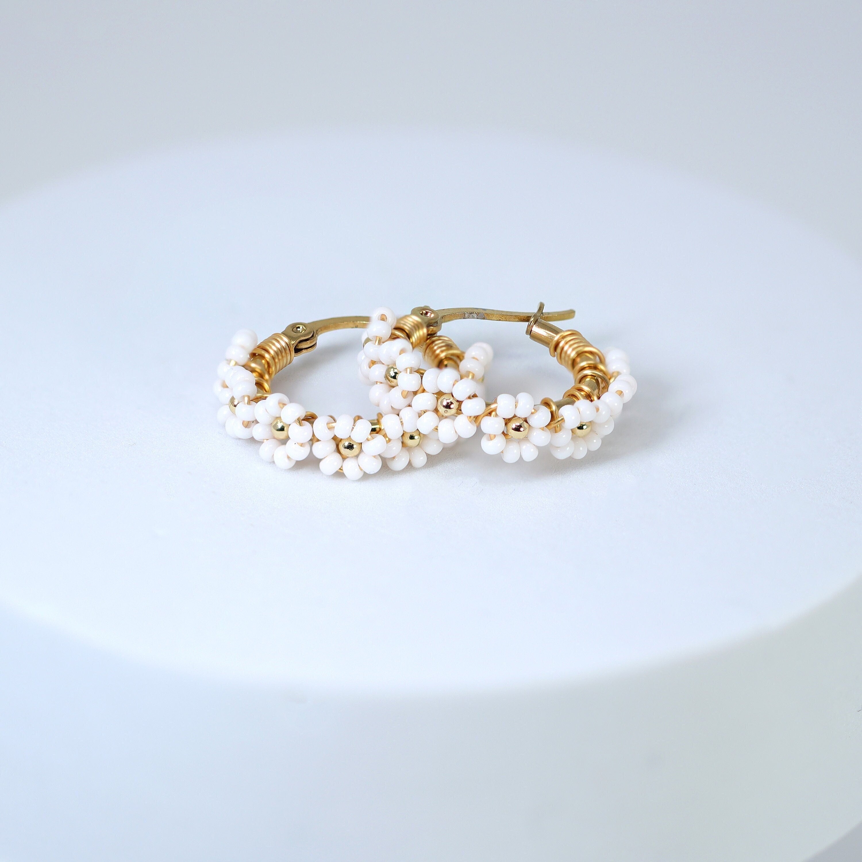 Gold White Beaded Hoop Earrings - Elegant Bridal Jewelry & Wedding Guest Statement Earrings | Perfect for Weddings, Parties & Special Occasions