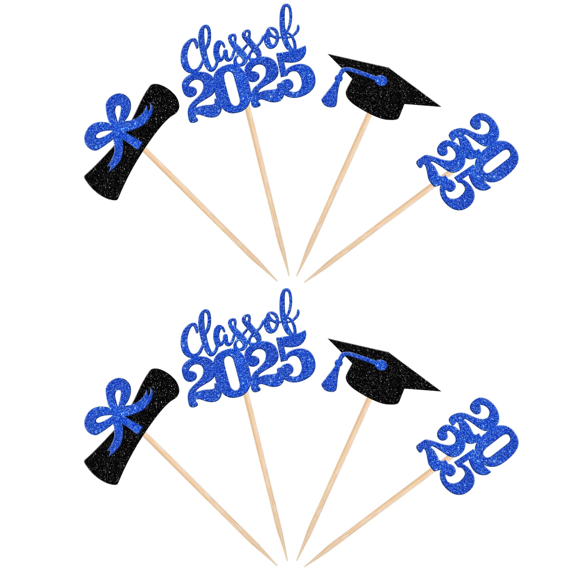 36 PCS Class of 2025 Graduation Cupcake Toppers - Glitter Graduation Cap & Diploma Cake Decorations - Deep Blue Party Supplies for Graduation Ceremony, School Party & Celebration Decor