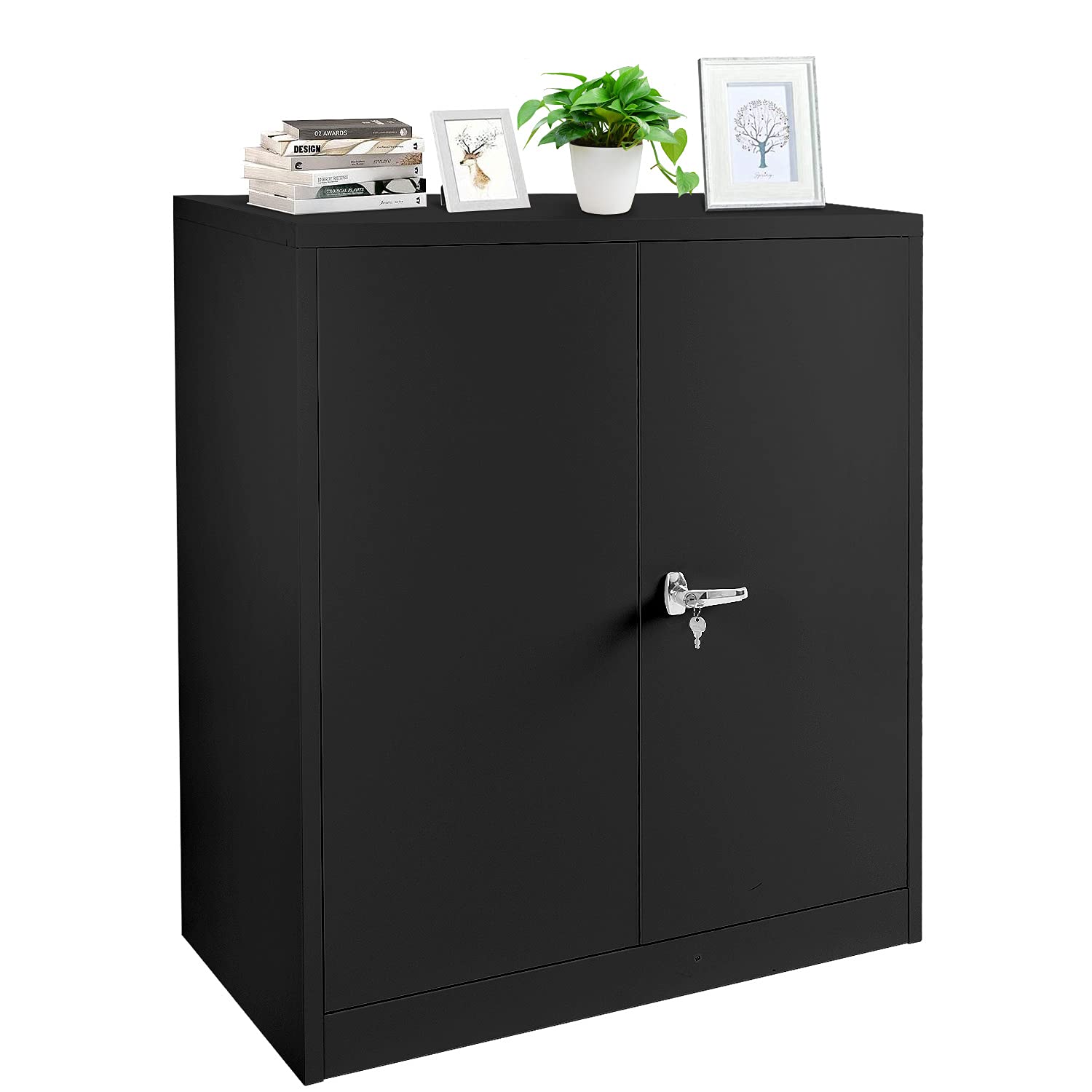 Heavy Duty Metal Storage Cabinet with Locking Doors - 2-Door Steel Cabinet with Adjustable Shelves, Secure Black Metal Cabinet for Office, Garage, Home & Workshop - Perfect for Organizing Tools, Files & Supplies