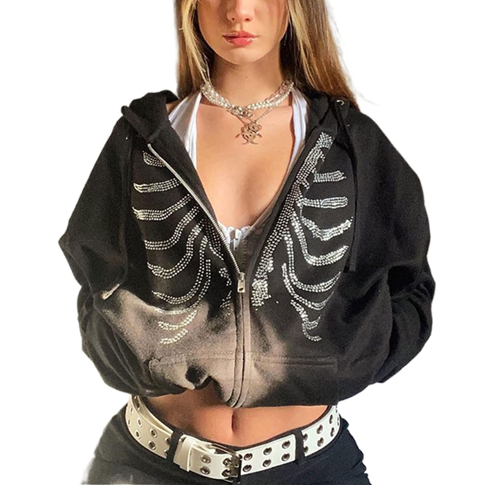 Women's Halloween Skeleton Print Oversized Y2K Zip-Up Hoodie Sweatshirt | E-Girl Harajuku Aesthetic Jacket Coat | Streetwear Fashion Top for Parties, Cosplay & Casual Outfits