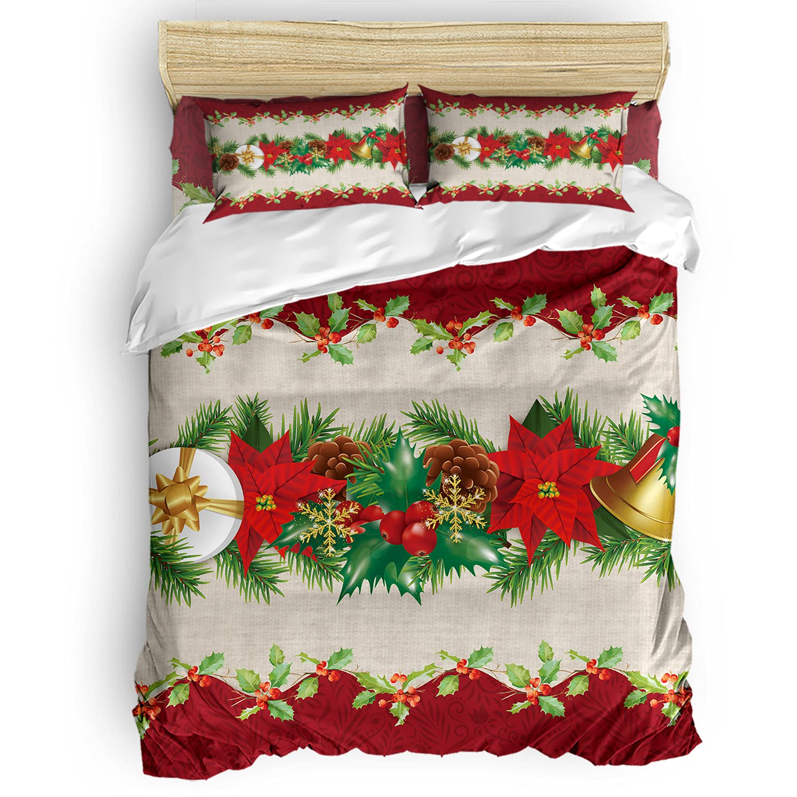 Christmas Poinsettia Duvet Cover Set - King Size 4-Piece Bedding Set with Retro Floral Berry Pinecone Design - Shrink & Fade Resistant, Easy Care Comforter Cover - Perfect for Holiday Decor & Cozy Winter Bedroom
