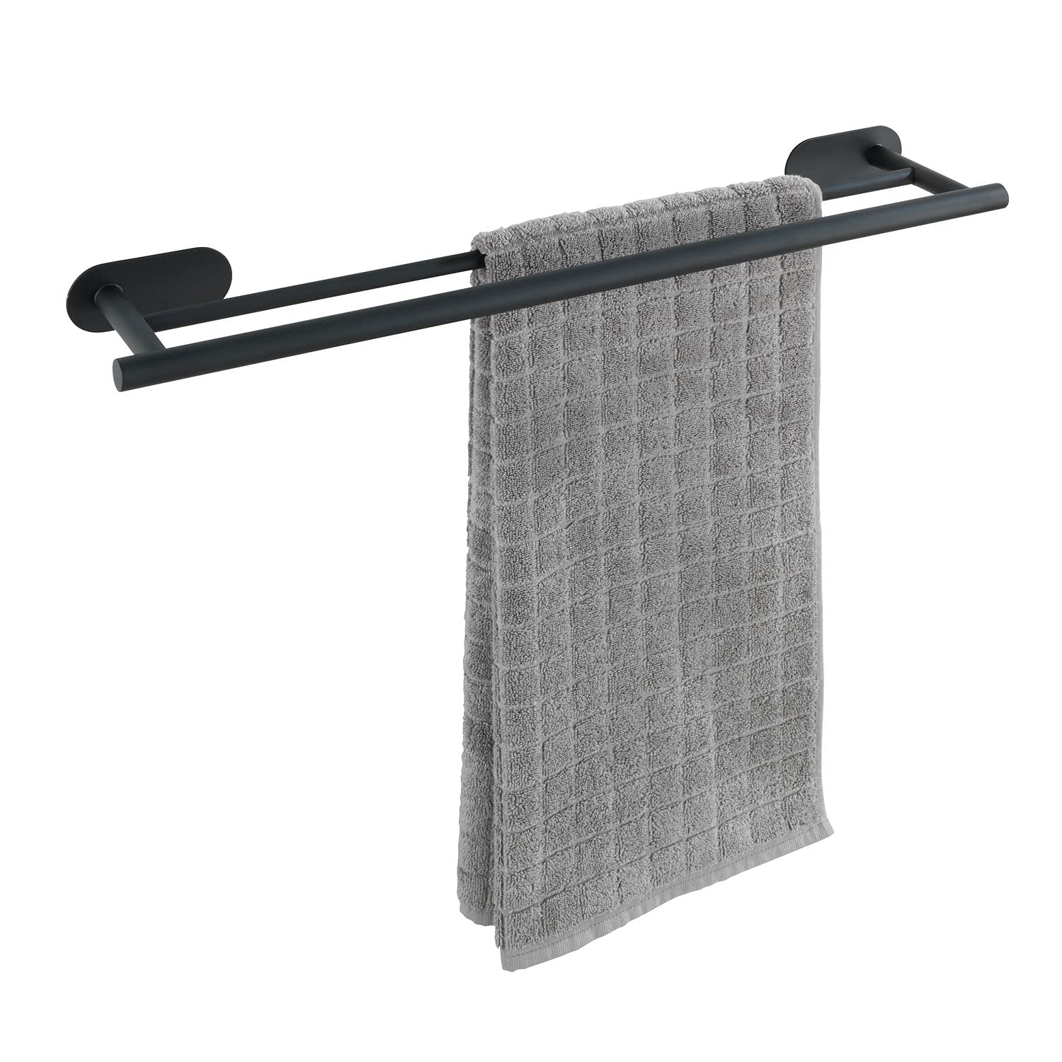 No-Drill Stainless Steel Black Matt Bath Towel Rail - 2 Long Towel Bars for Bath & Hand Towels - 60 x 4.5 x 12 cm - Perfect for Bathrooms, Kitchens & Laundry Rooms