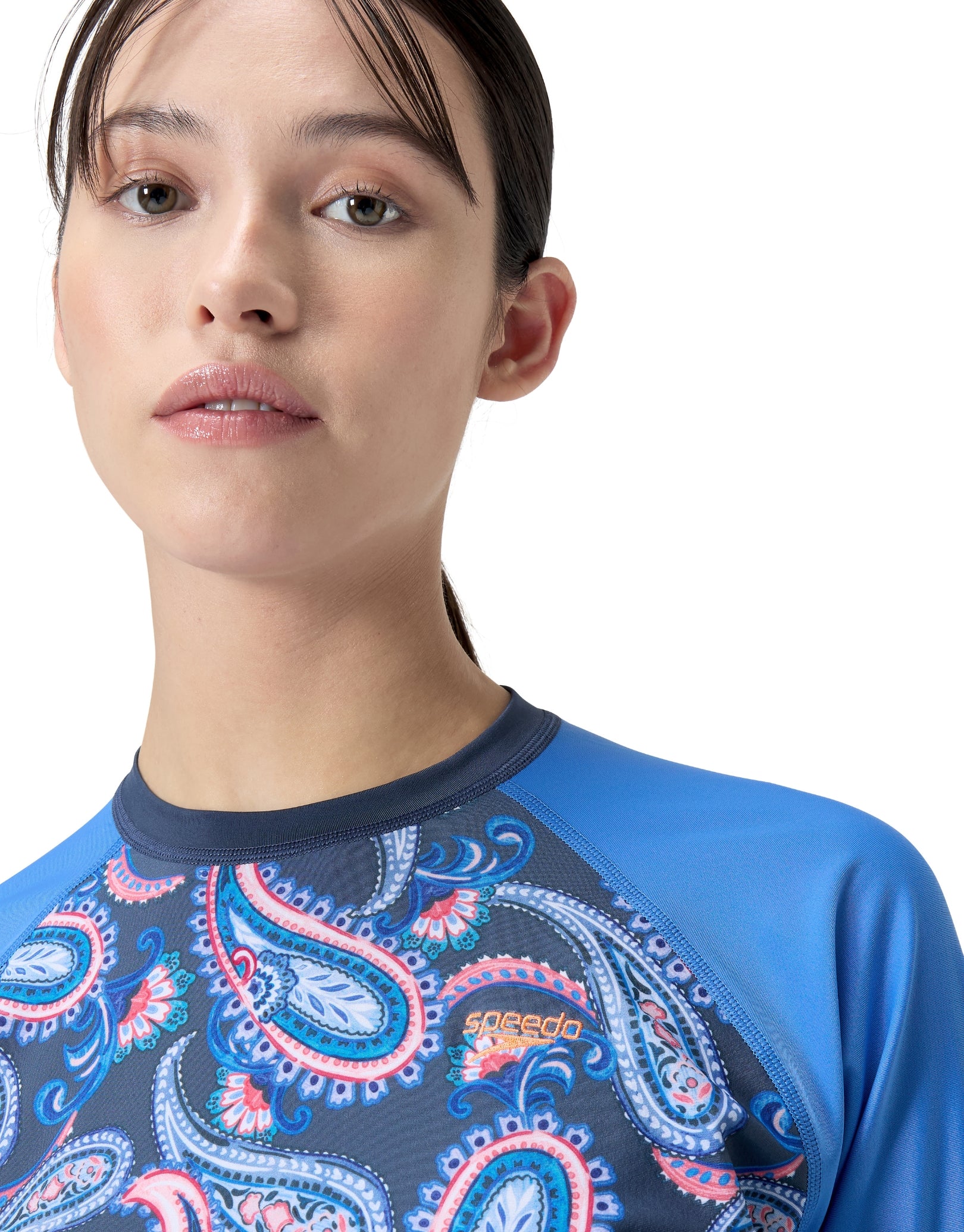 Long Sleeve Panel Printed Swim Tee for Women - UPF 50+ Sun Protection Rash Guard (Blue/Pink) - Perfect for Beach, Pool & Water Sports