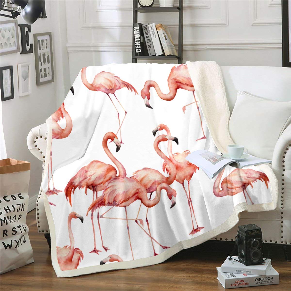 Feelyou Tropical Flamingo Fleece Sherpa Blanket - Soft Pink Plush Throw 90