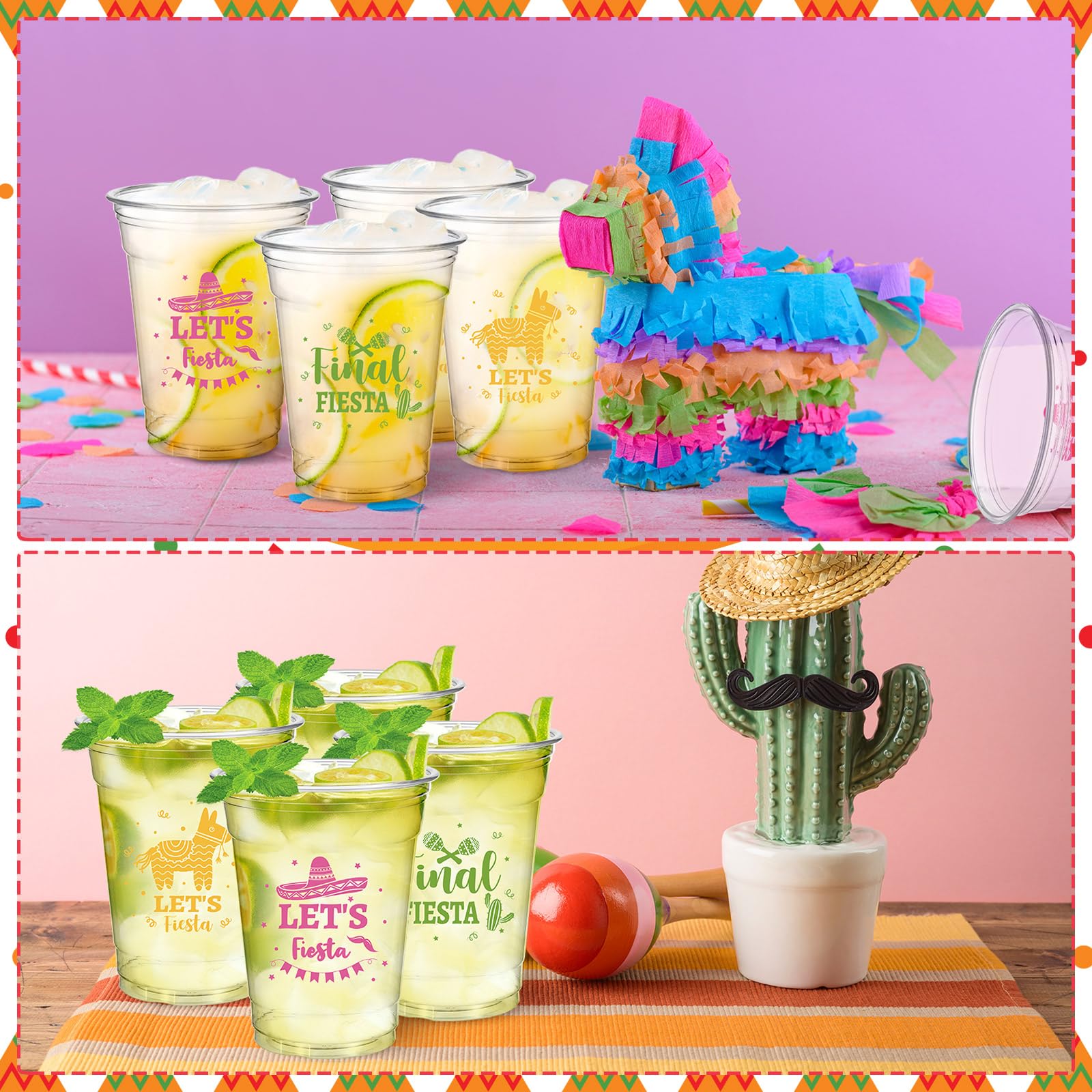 150 Pcs 12 oz Clear Plastic Disposable Fiesta Cups - Mexican Theme Party Supplies for Cinco de Mayo, Taco Tuesday & Summer Celebrations - 3 Stylish Designs (Bulk Pack)