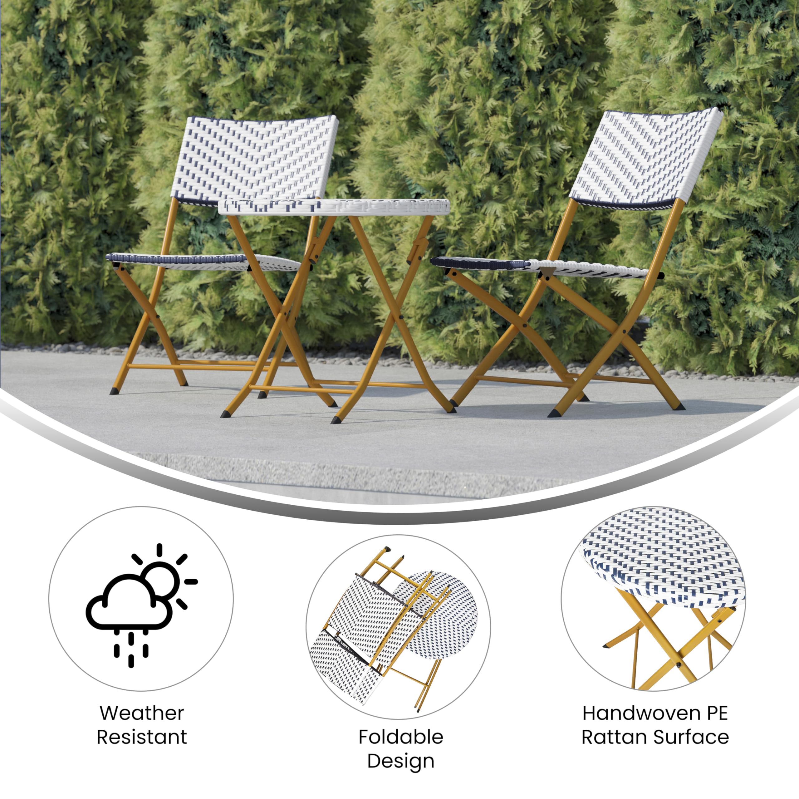 Flash Furniture Rouen Commercial Grade Folding Bistro Set - 3 Piece Indoor/Outdoor PE Rattan Table with Navy/White Cushions & Natural Steel Frame | Perfect for Patio, Garden, Cafe, Restaurant Outdoor Dining