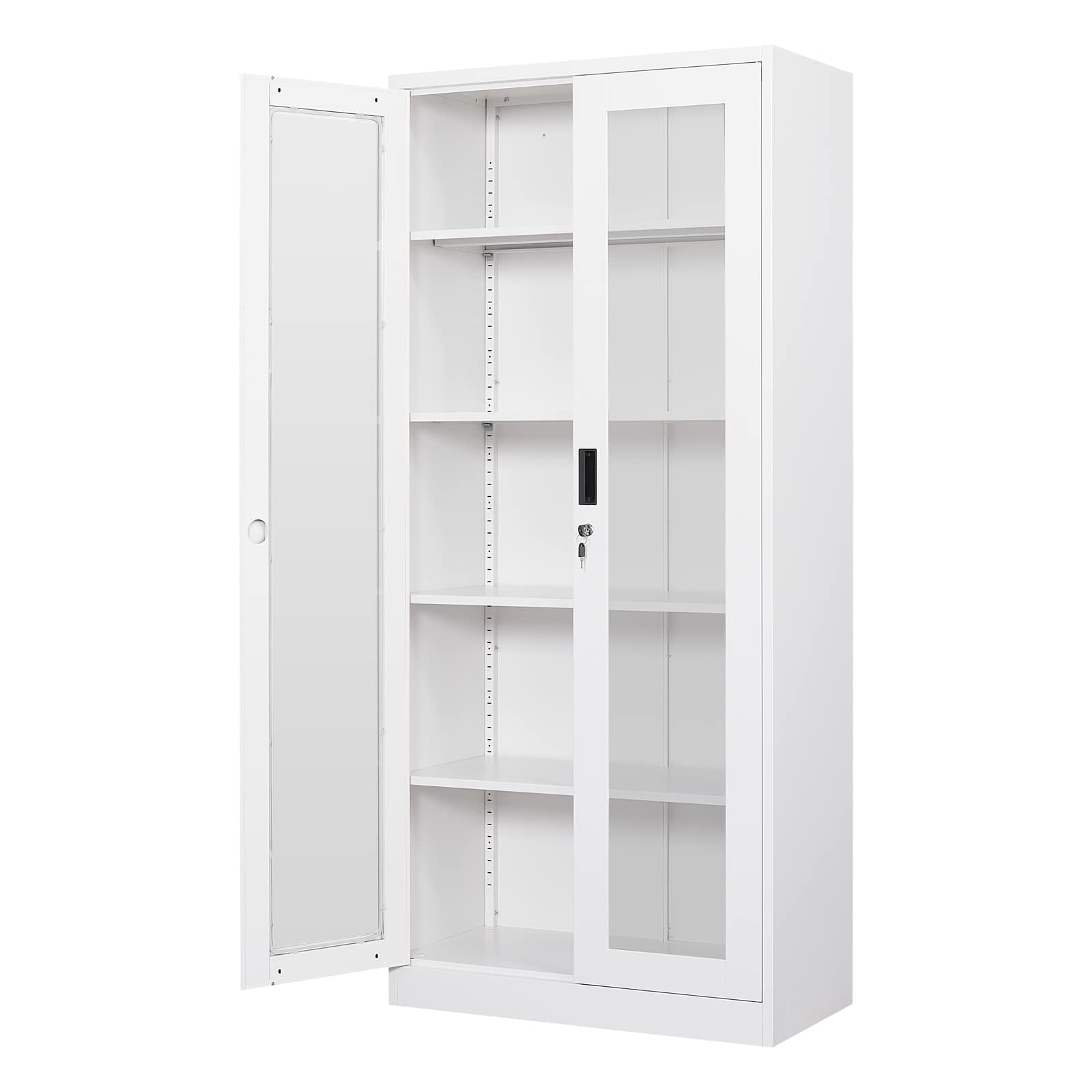 Glass Display Cabinet with 4 Adjustable Shelves & Locking Doors - White Curio Cabinet for Home, Office, Clinic or Pantry - Perfect for Showcasing Collectibles, China, or Retail Merchandise - Easy Assembly Required