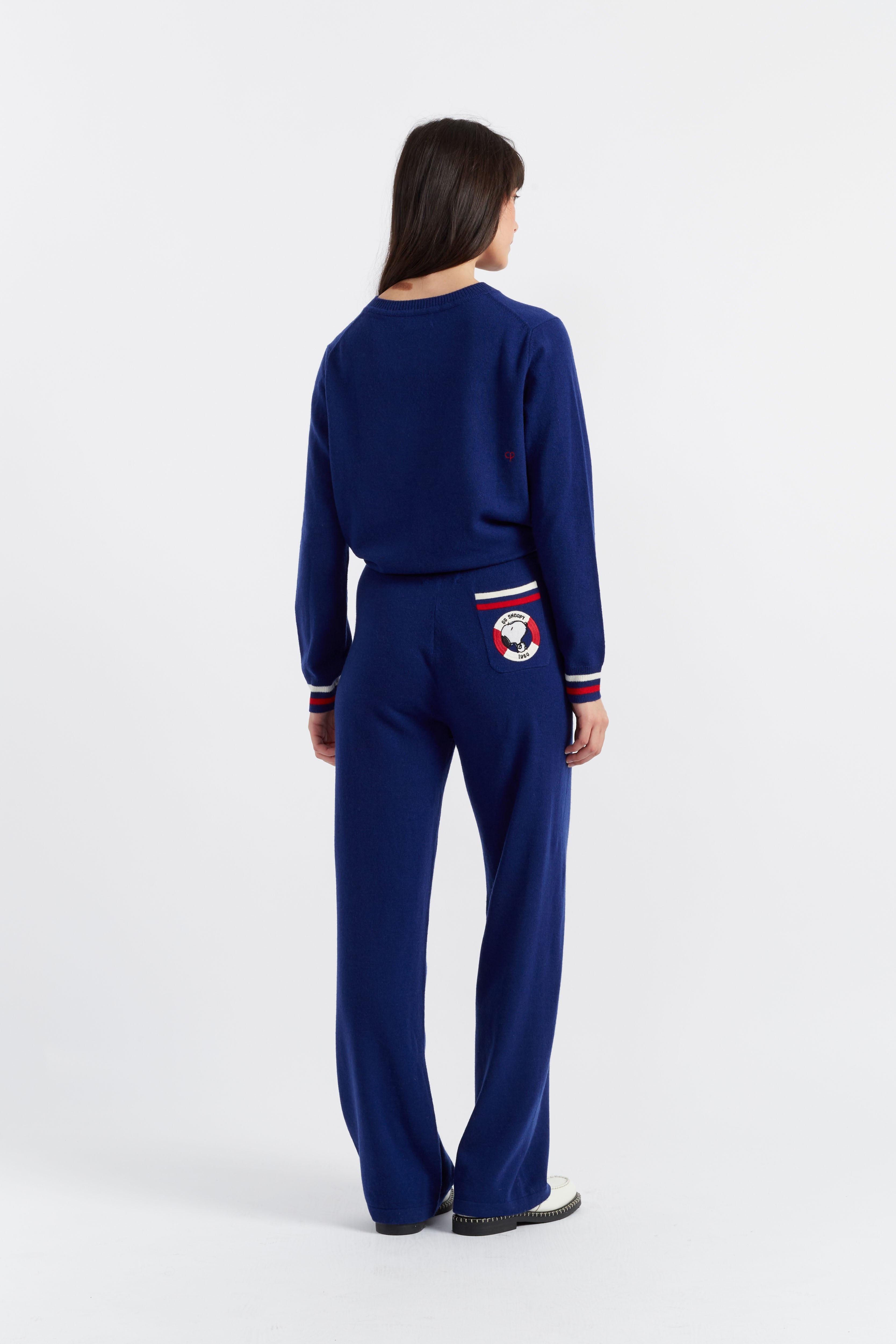 Blue Wool Cashmere Snoopy Nautical Wide Leg Track Pants - Soft Winter Lounge Pants for Women, Cute Cartoon Sleepwear & Casual Outfit - Perfect for Home Relaxation, Sleepovers and Cozy Nights