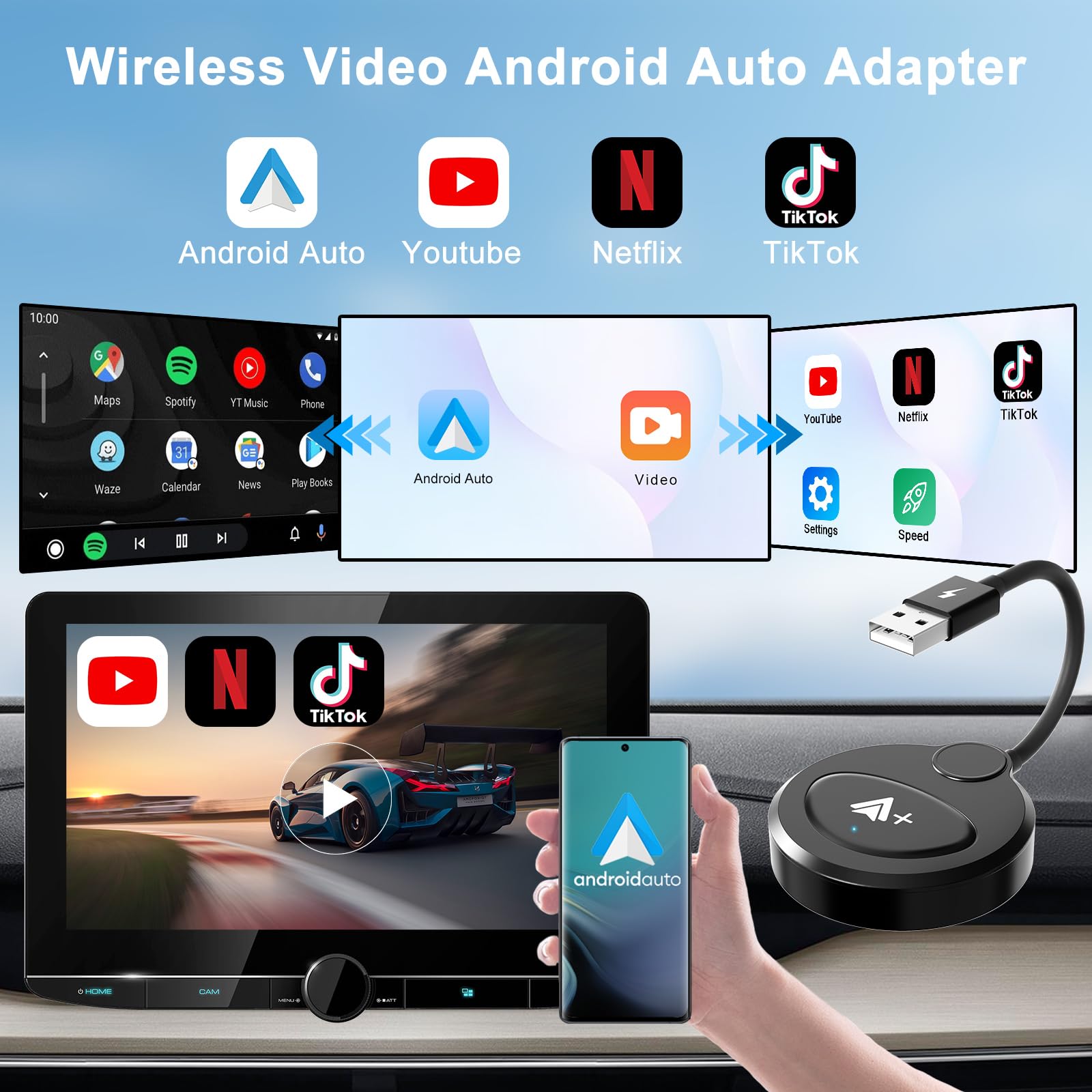 Wireless Android Auto Car Adapter - Convert Wired to Wireless, Supports Netflix YouTube TikTok, Low Latency, Easy Installation (Black) | Perfect for Streaming Entertainment & Hands-Free Driving